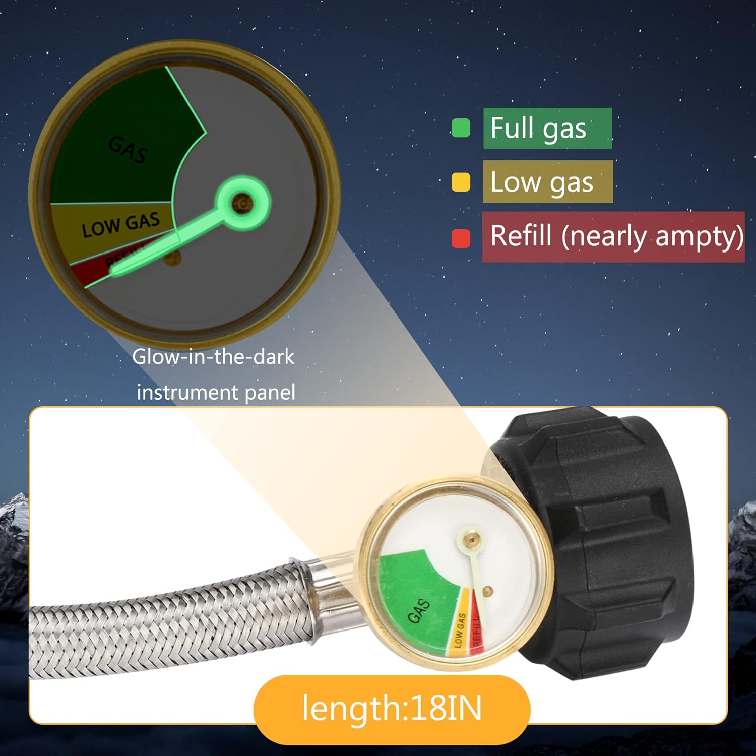 2 Stage Changeover Propane Regulator with Two 18" RV Pigtail Propane Hoses with Gauge Stainless Braided QCC1 1/4" Inverted Male Flare for RV 2 Tank Auto Changeover Regulator Cylinder 210,000 BTU