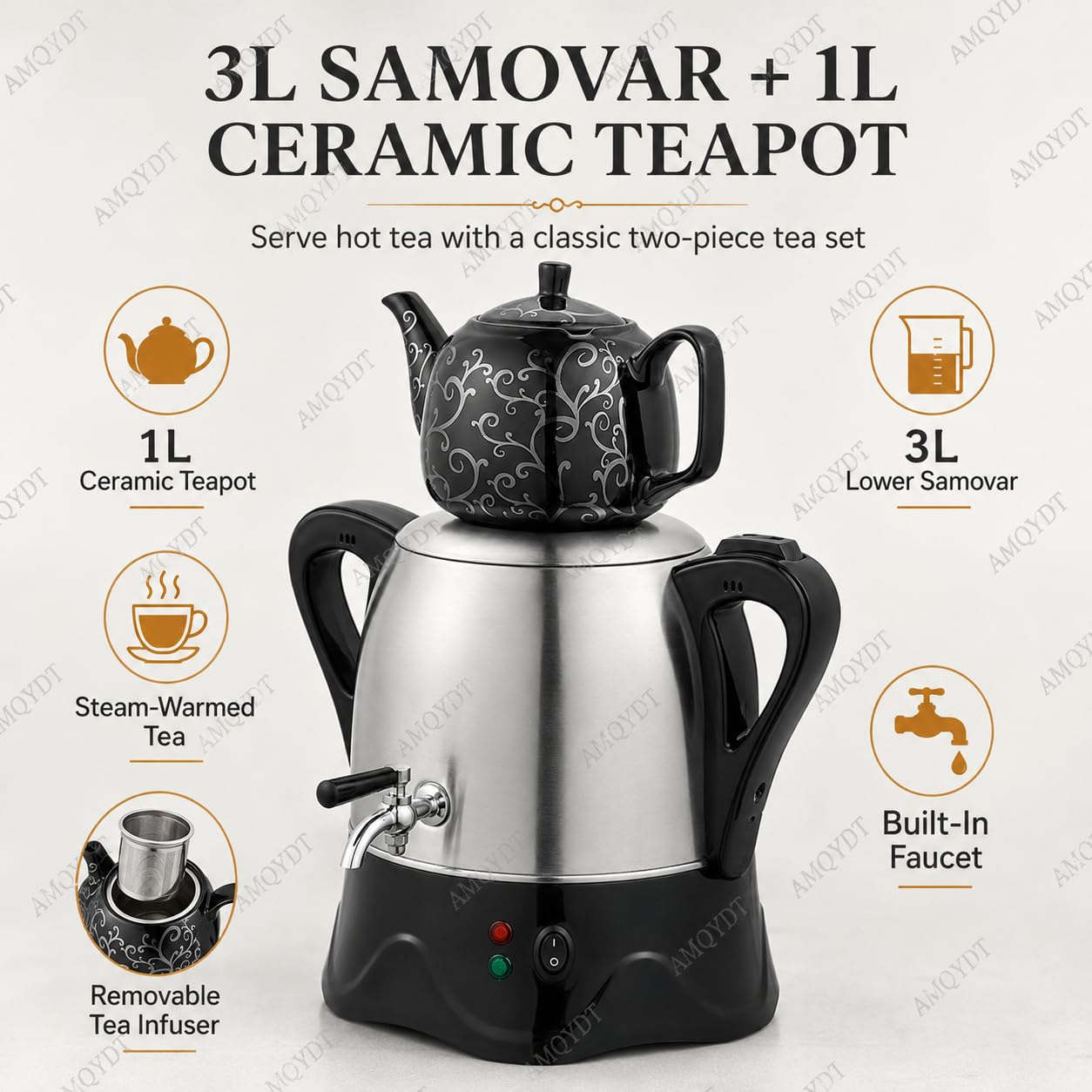 Elektryczny turecki zaparzacz do herbaty, elektryczny samowar z funkcją utrzymywania ciepła, czajnik ze stali nierdzewnej 3 l i ceramiczny czajniczek 1 l, do kawy, herbaty zapachowej i