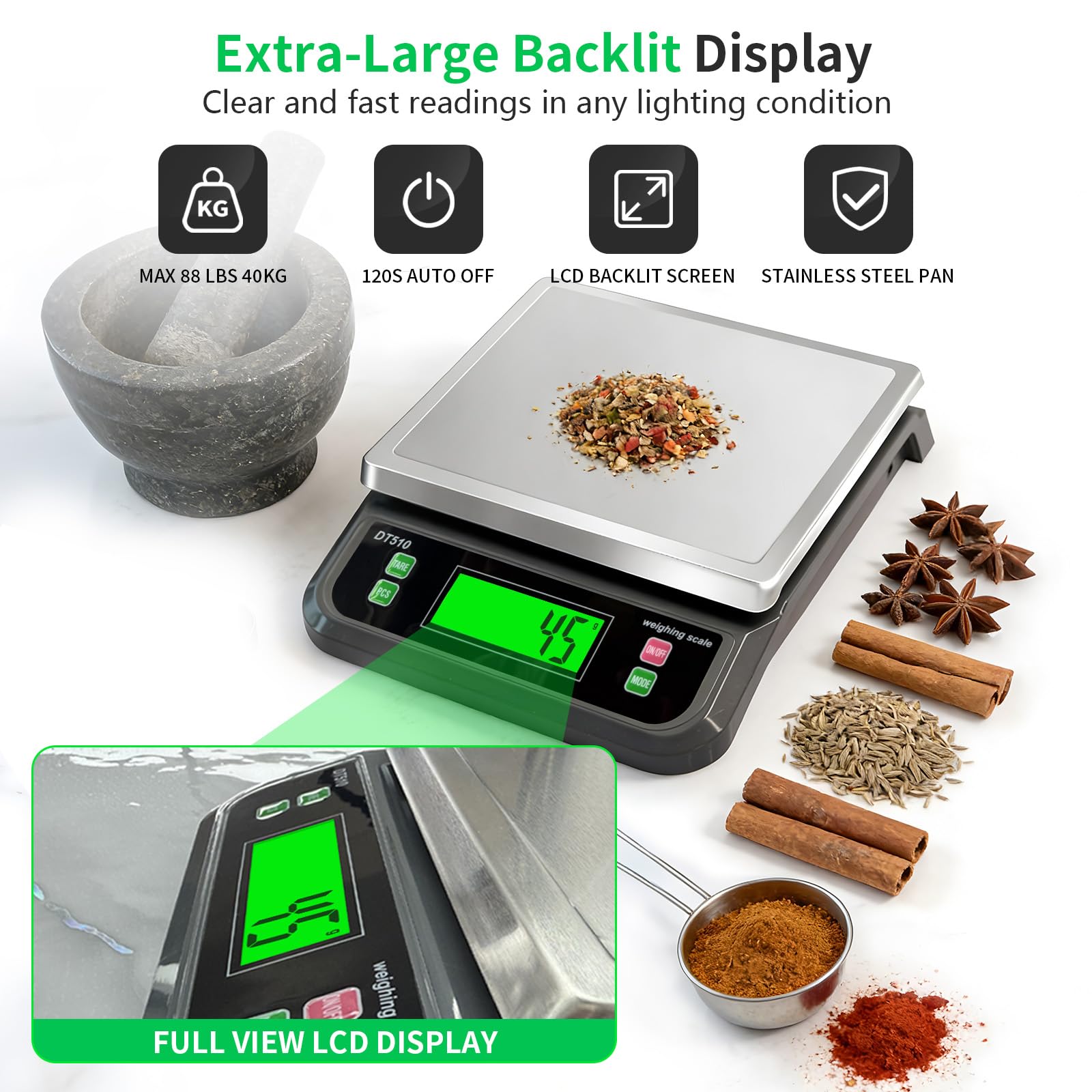 Bilancia digitale per alimenti da cucina, 40 kg, con funzione tara e funzione PCS, in acciaio inox, per cucinare con adattatore, 6 unità (grigio, 40 kg)
