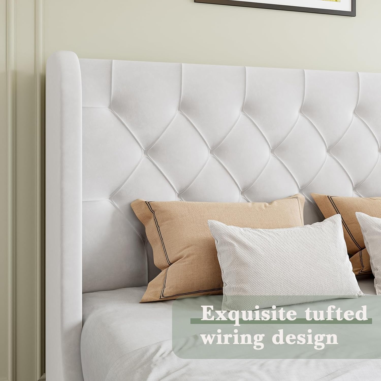 Close-up of the velvet upholstered headboard with tufted wiring design