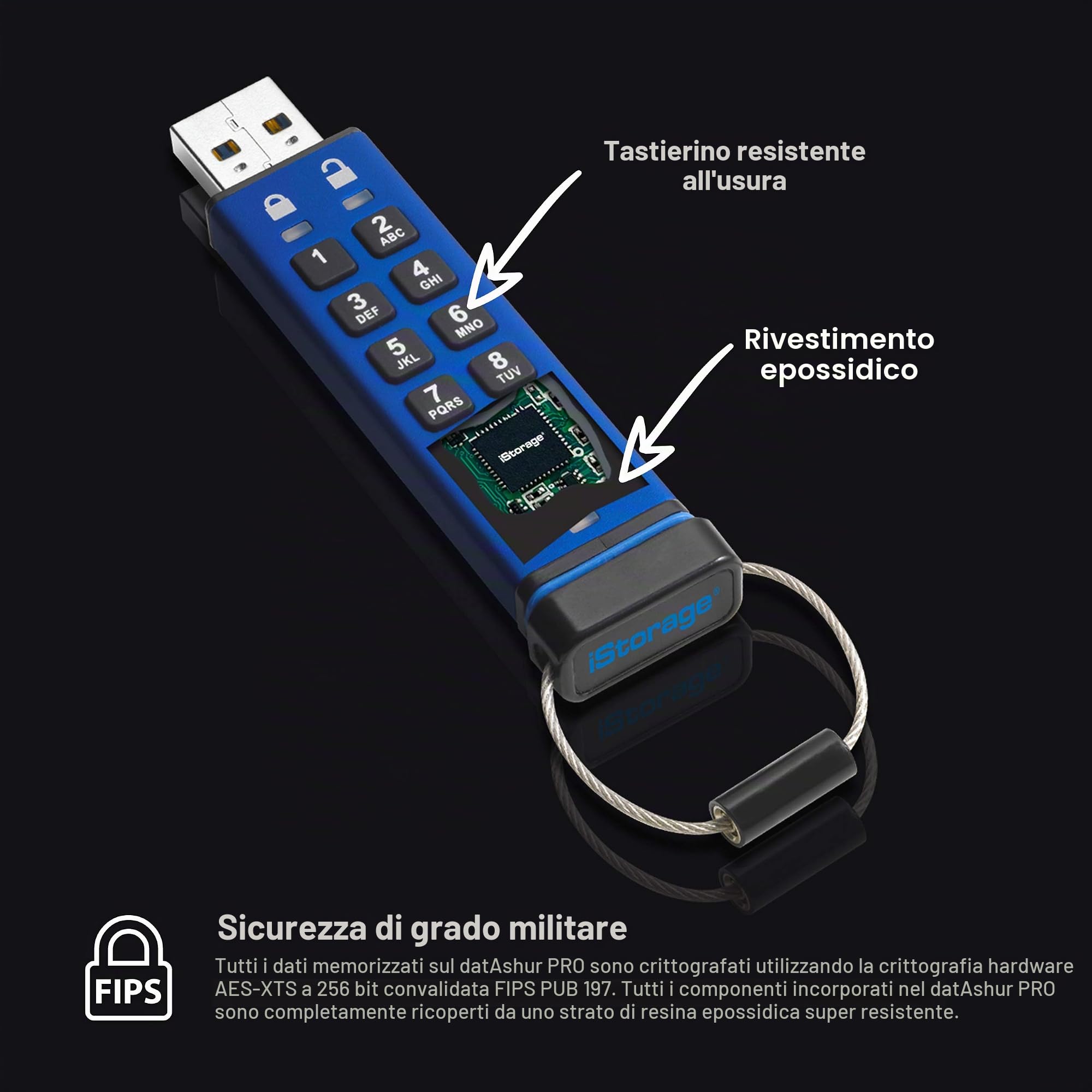 iStorage datAshur PRO 4GB - Unità flash USB crittografata - Certificazione FIPS 140-2 Livello 3 - Protetta da password - Resistente alla polvere e all'acqua