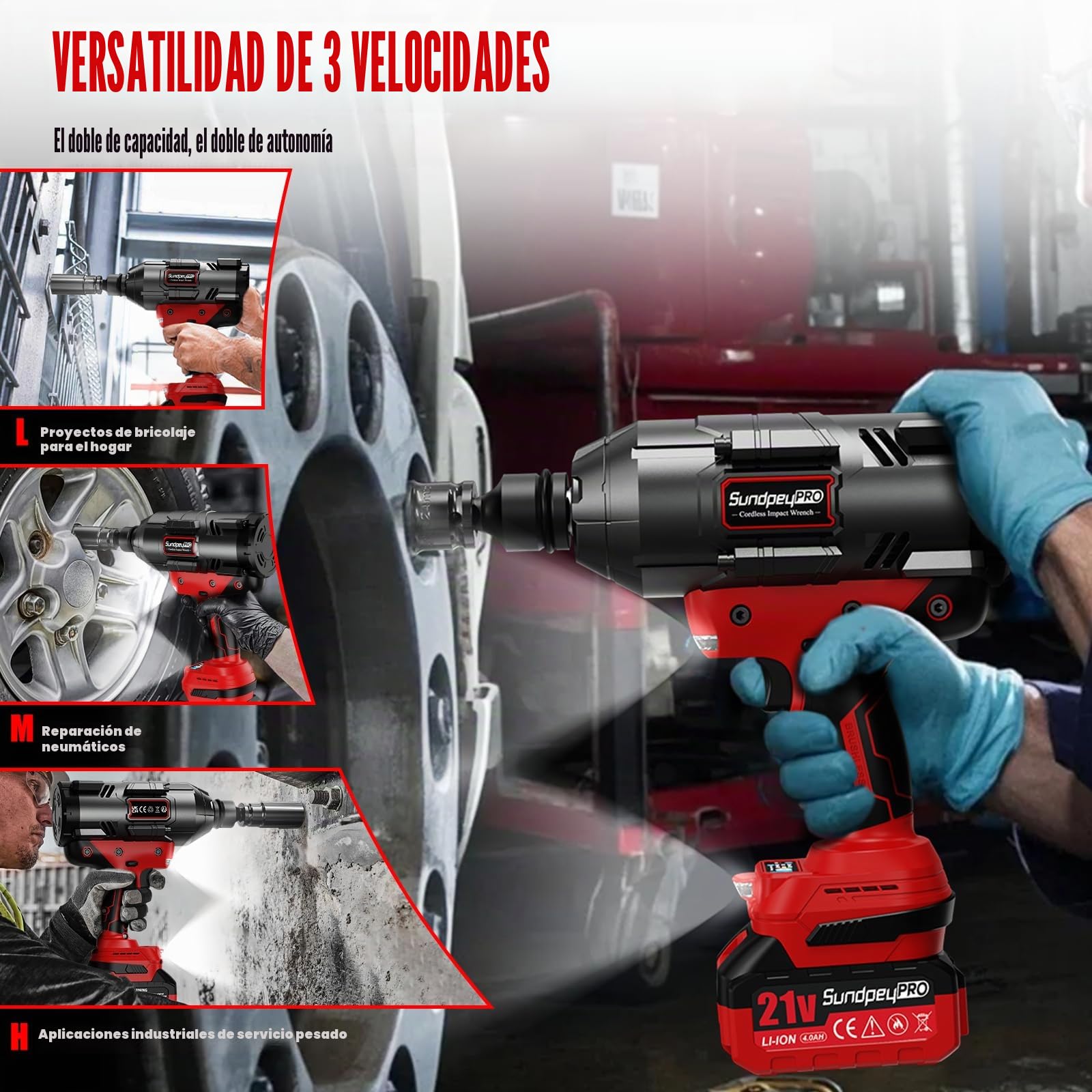 Llave de Impacto Inalámbrica 3/4'', Kit con 2 Baterías 4.0Ah y Cargador Rápido, Pistola de Impacto Incluye 5 Sockets de Impacto (17/19/21/22/24mm) y Adaptador 3/4" a 1/2", Rojo