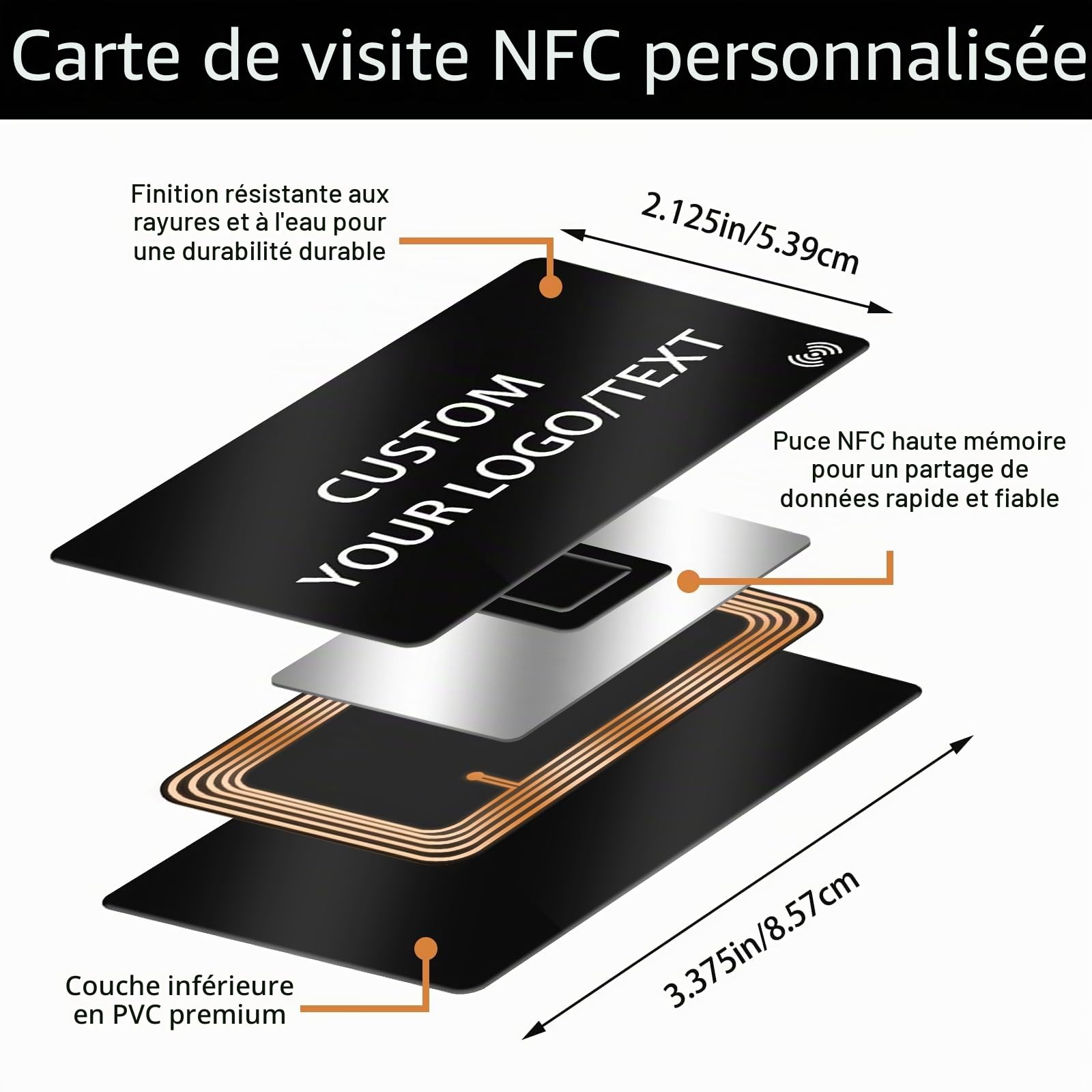 Carte de visite numérique NFC personnalisable avec logo et code QR - Appuyez pour partager - Convient pour iPhone et Android