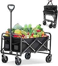 Folding Hand Cart with Wheels, Beach Cart, Garden Cart Transport 4 Wheels for Beach, Home, Warehouse, Shopping, Sports, Fishing, Camping