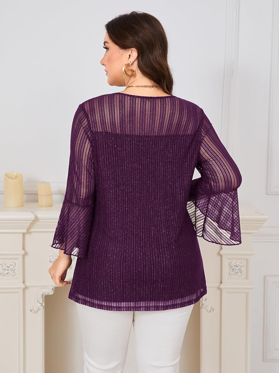 ZOMVA Women's Plus Size Ruffle 3/4 Sleeve Blouses Casual Elegant Dressy Crew Neck Double Layers Sparkly Mesh Tunic Tops - Image 5