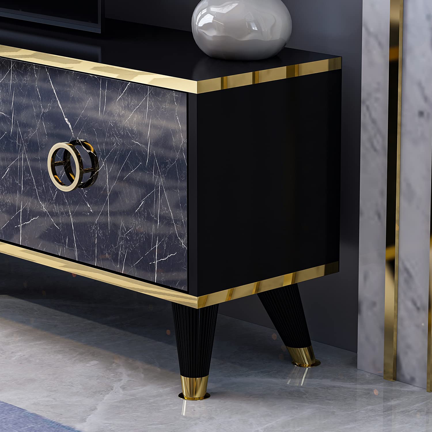 Homidea Sophia Wohnwand – Wohnzimmer TV Set – TV Schrank – TV Lowboard – Fernsehtisch - TV Möbel mit 2 Türen und Wandregal in glänzendem Design (Schwarz)
