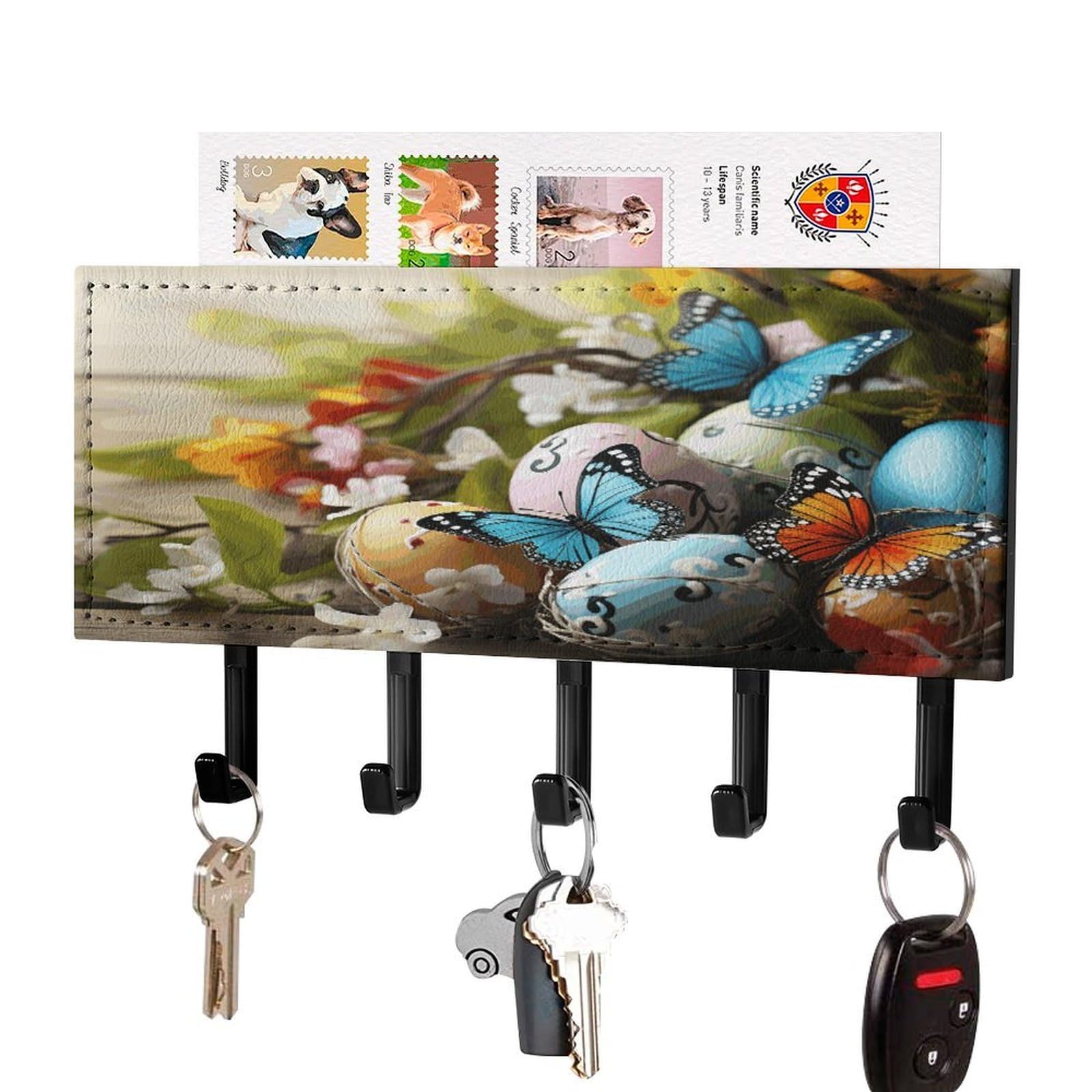 JTREHY Easter Eggs with Butterfly Key Holder Wall Mount Decorative Key and Mail Holder PU Leather Adhesive Key Organizer Hanging Key Hooks Wall Shelf with 5 Hooks for Entryway Hallway Office