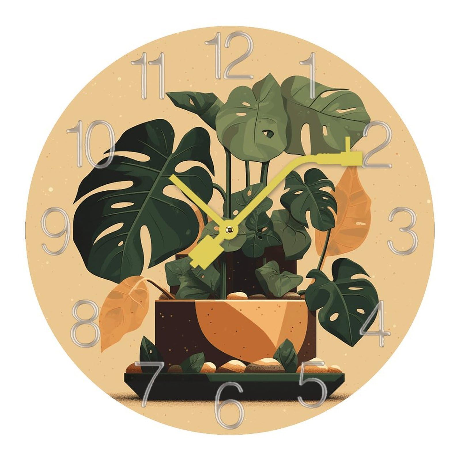 Horloge murale silencieuse moderne grise avec plante Monstera pour maison