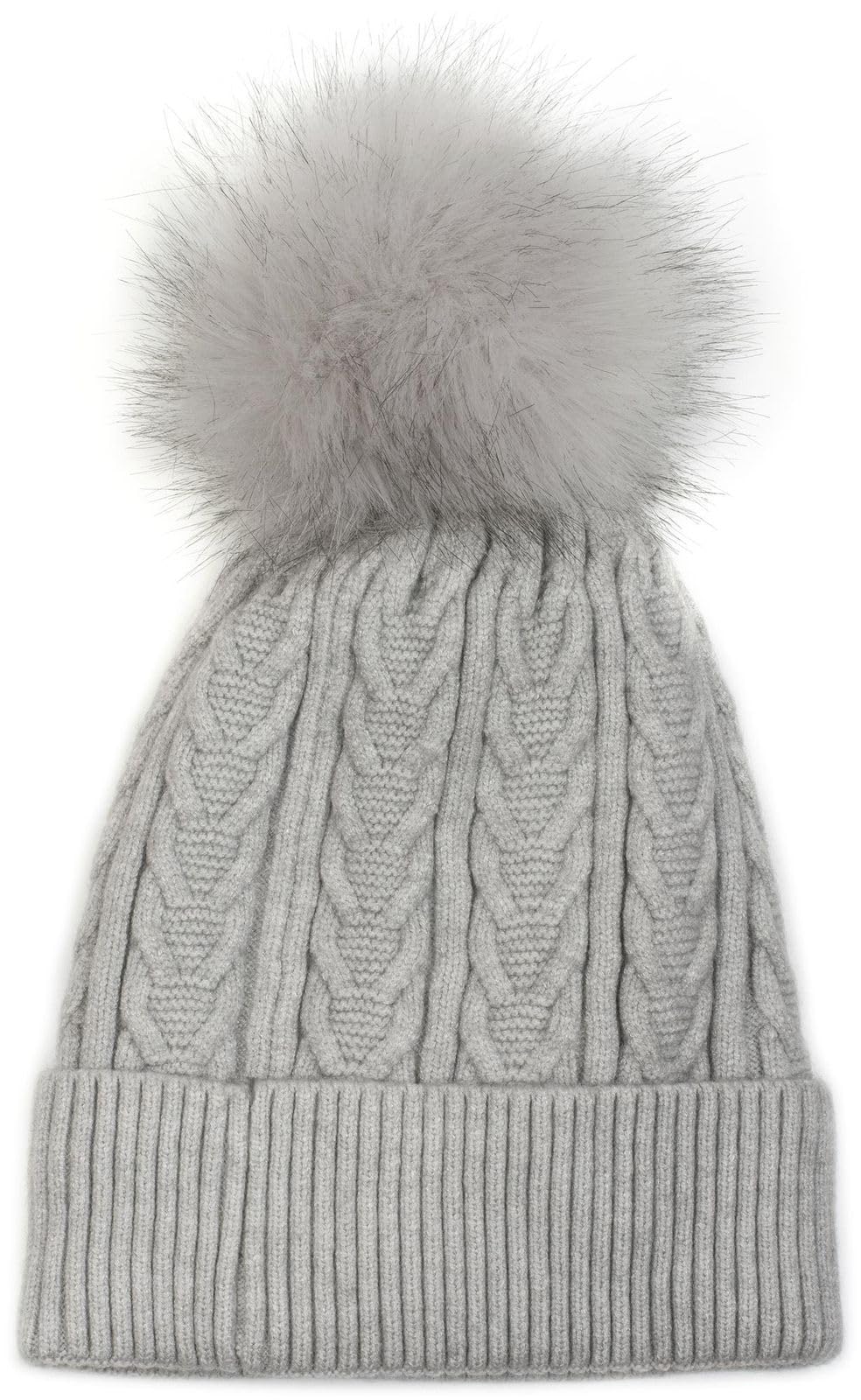 styleBREAKER Women's fine Knit pom pom Beanie with Cable Pattern, Faux Fur pom Beanie, Lined Winter Knit Beanie 04024100, Colour:Light-Grey