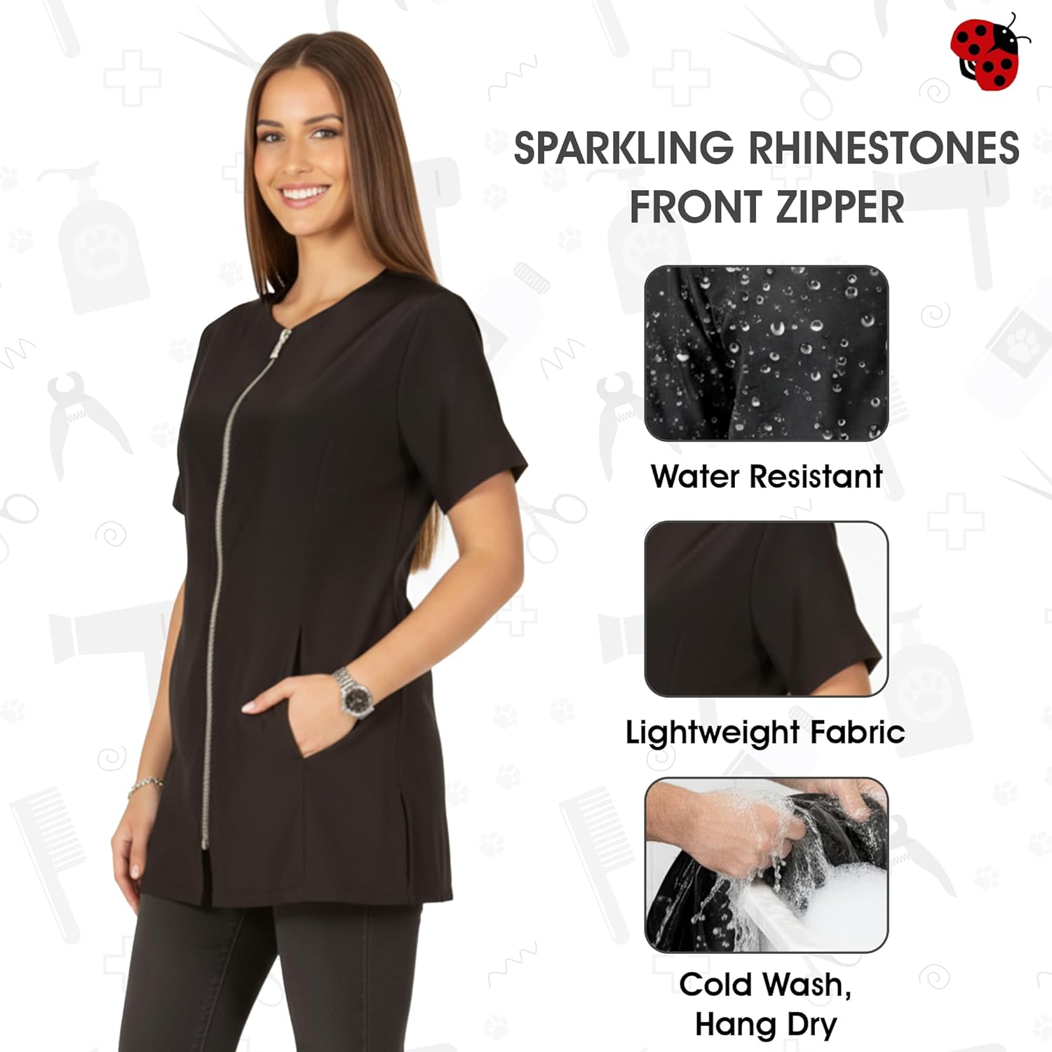 Ladybird Line 460 Groomer's Rhinestone Jacket - Water, Hair and Bleach Resistant, Short Sleeve Dog Grooming and Hair Stylist Smock with Round Neck, 2 Side Pockets & Adjustable Back Tie Belt - M