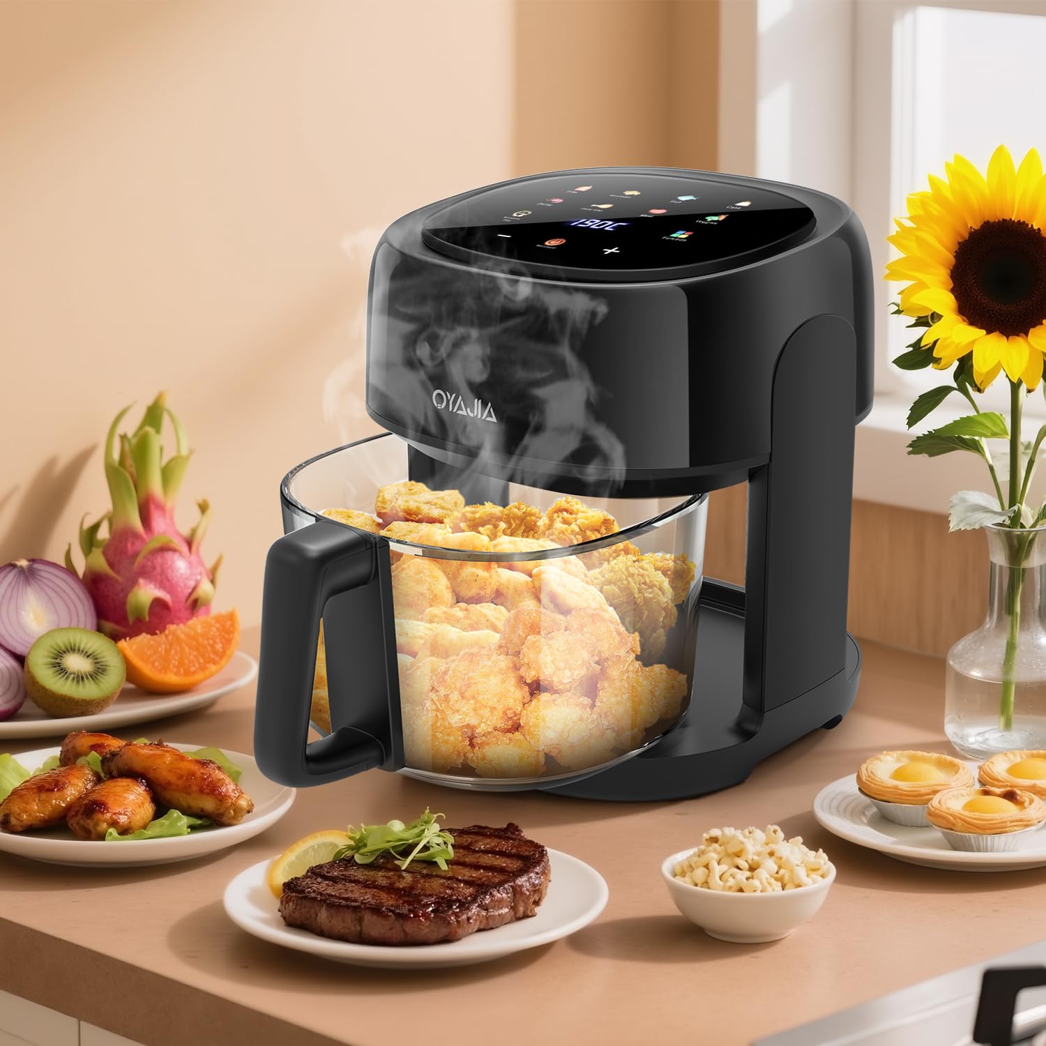 5L Glass Air Fryer 1200W,220-240V Compact Healthy Fryer with LED Touchscreen,Max temp 190°C,Bake,Roast,Grill,Dishwasher Safe,Low Oil Cooking,Energy Saving,Ideal for 1–3 Servings