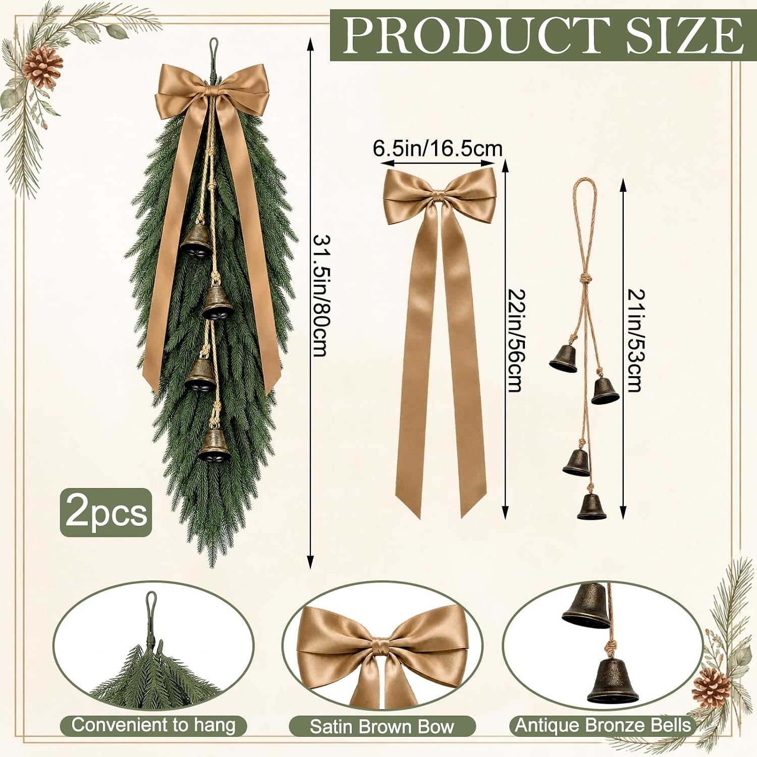 Yinder 2 Pcs 31.5" Christmas Teardrop Swag with Bow Bell for Window Door