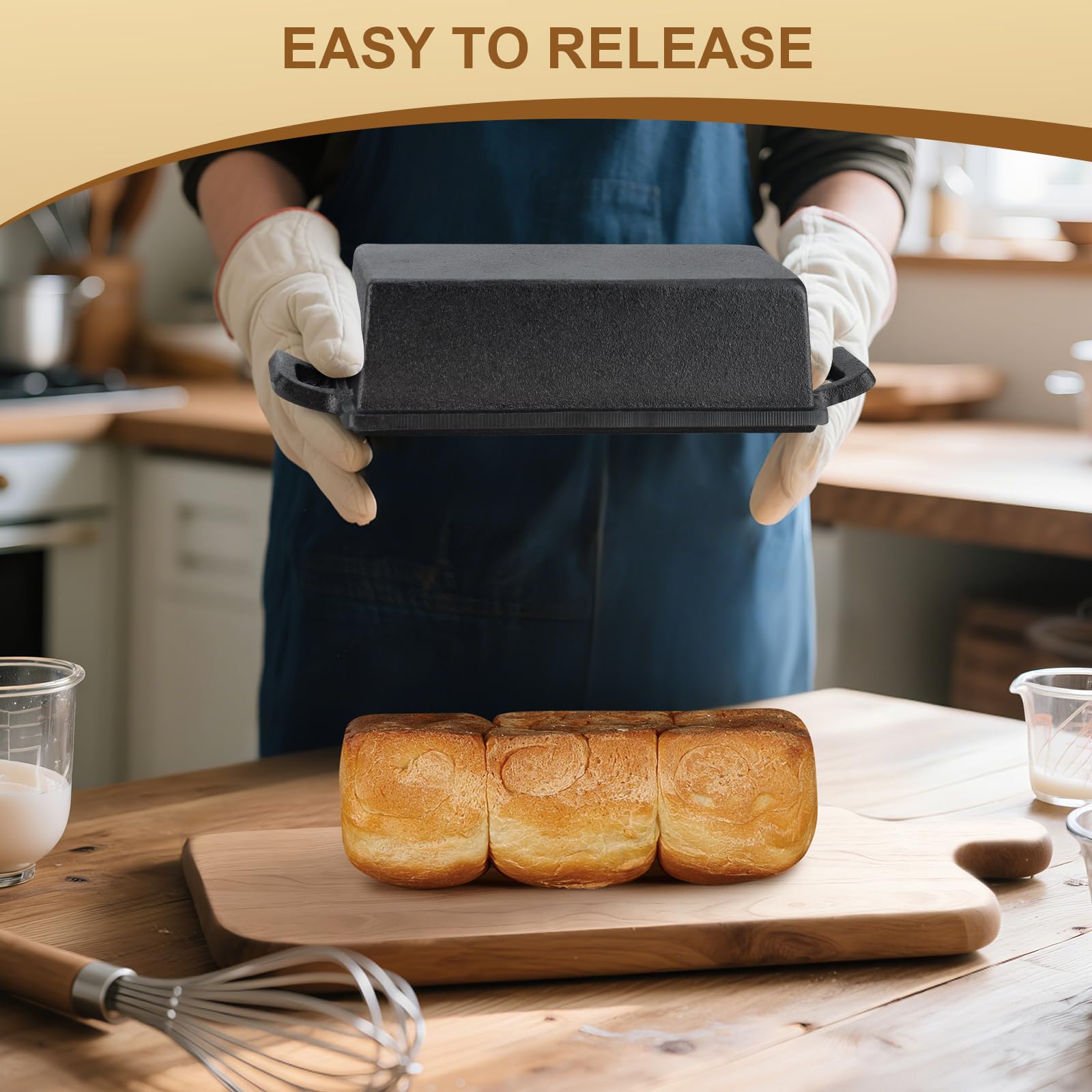BAKEWAY Kastenform aus Gusseisen mit Deckel, Kastenformen zum Backen von Brot 9x5 | Langlebige, leicht zu reinigende Brotbackform für hausgemachtes Brot, Pizza & gleichmäßige Wärmeverteilung - 2