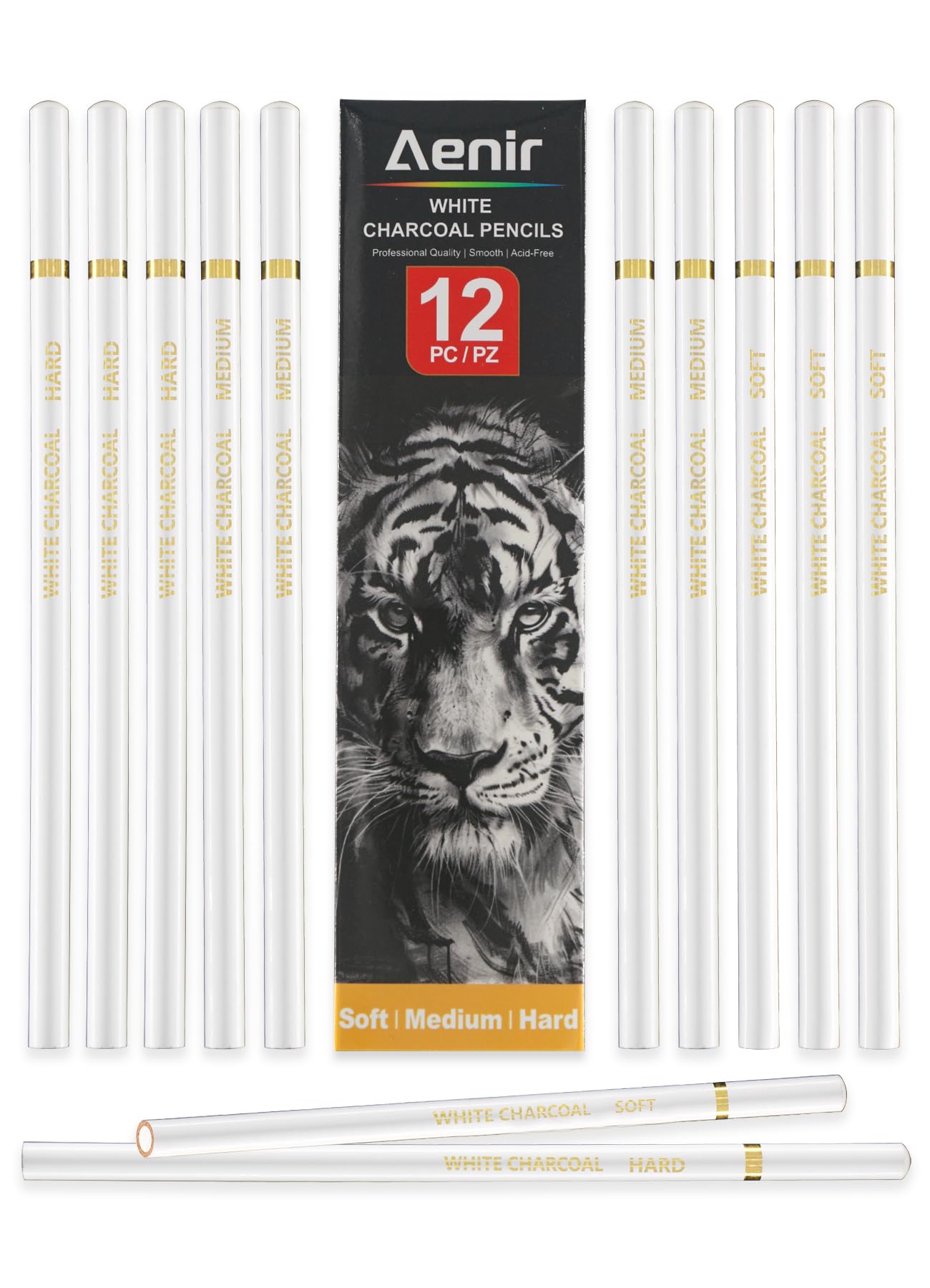 Aenir Lápices de carbón blanco, paquete de 12 lápices de dibujo de carbón, lápices de carbón para artistas, suministros de arte para dibujar y resaltar, lápices de carbón para dibujar, bocetos,