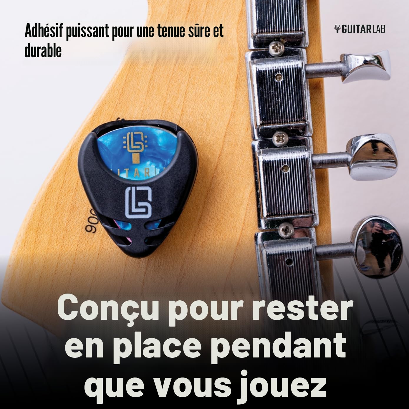 Guitar Lab Support de médiators et 10 médiators pour acoustique – Médiators en celluloïd – Guitare acoustique, électrique, basse et ukulélé – Ensemble fin, moyen et épais