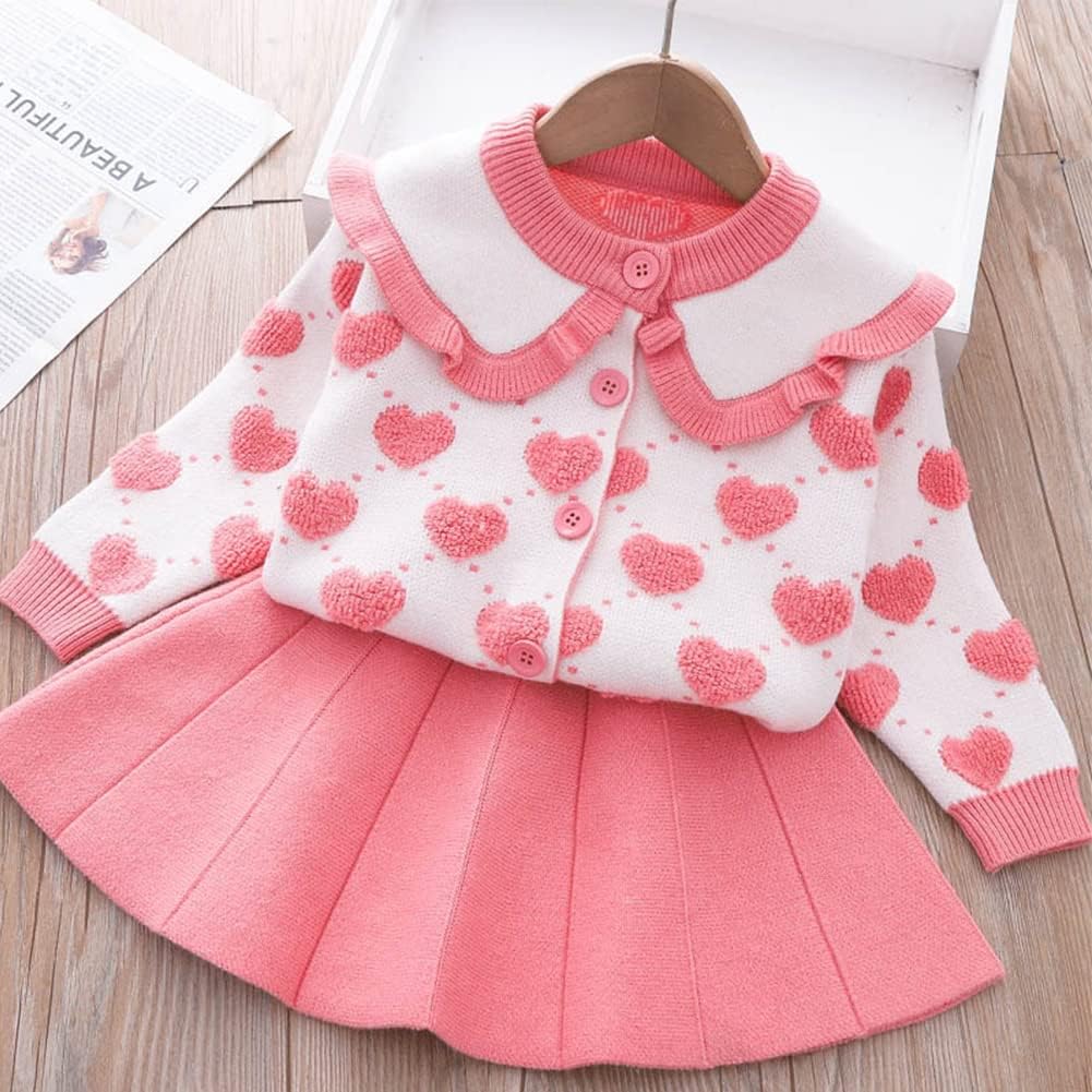 Toddler Baby Girls Outfits Fall Winter Clothes Long Sleeve Knitted Buttons Sweater Tops Pleated Mini Tutu Skirt Set Birthday Christmas Sweater Dress Knit Autumn Spring Outwear Pink-Heart 5-6 Years