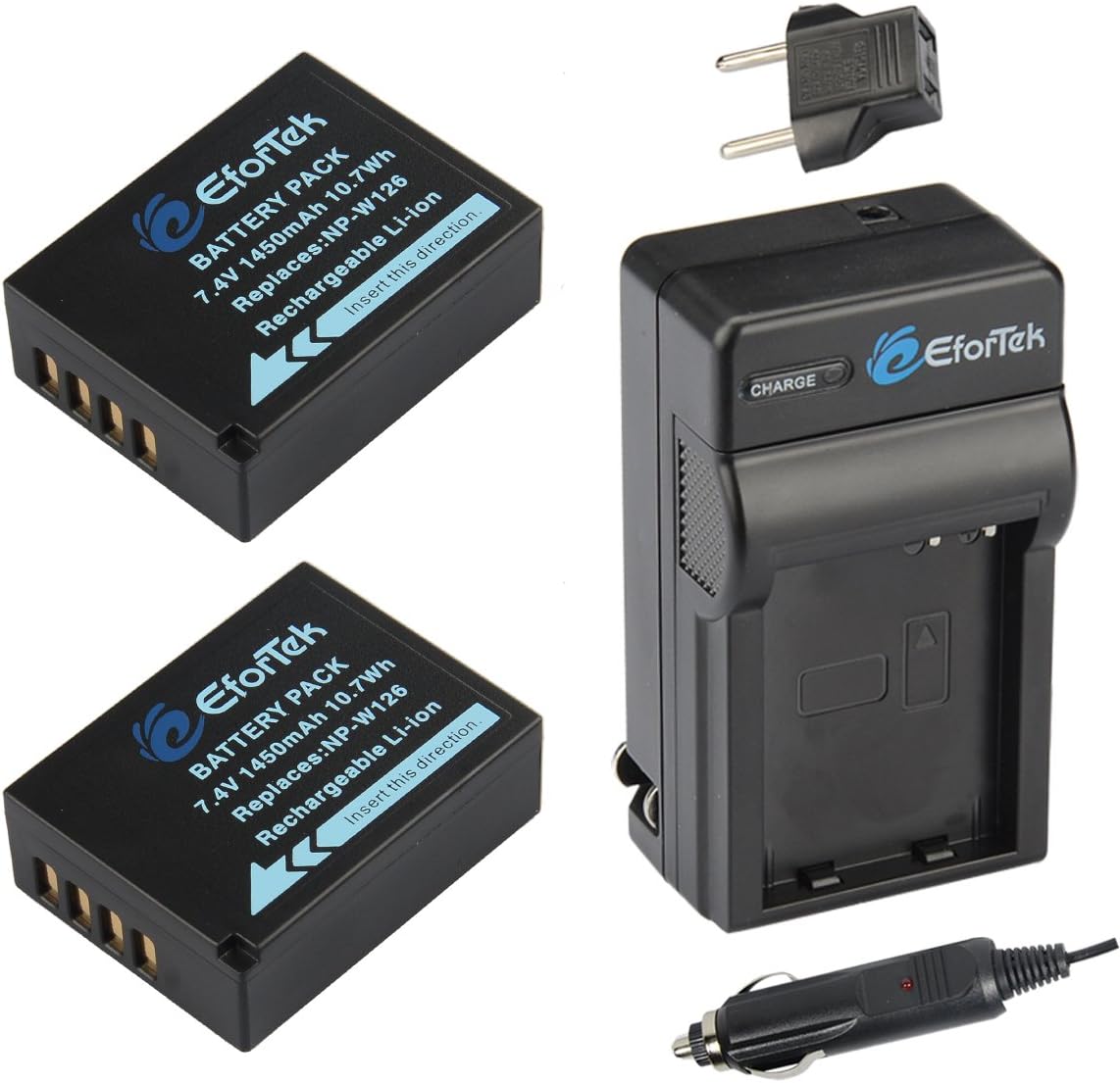 EforTek NP-W126 Replacement Battery (2-Pack) and Charger Kit for Fujifilm NP-W126,NP-W126S and Fuji FinePix HS30EXR, HS33EXR, HS50EXR, X-A1, X-E1, X-E2, X-M1,X-Pro1, X-T1,X-T2,X-A2,X-T10