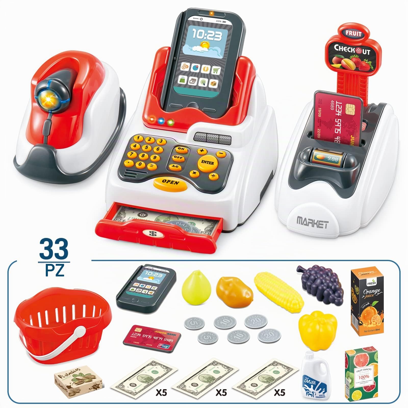 Giocattolo di Supermercato Gioco di Simulazione con Macchina Registratore di Cassa Lettore di Carte Scanner di Prodotti e Cibo Modelli Frutti Giocattoli di Ruolo 33pz per I'educazione della Bambini