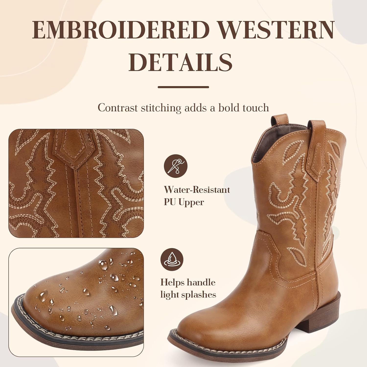 Wulubaba Cowgirl Boots for Girls, Brown Embroidered Square Toe Boots image 5