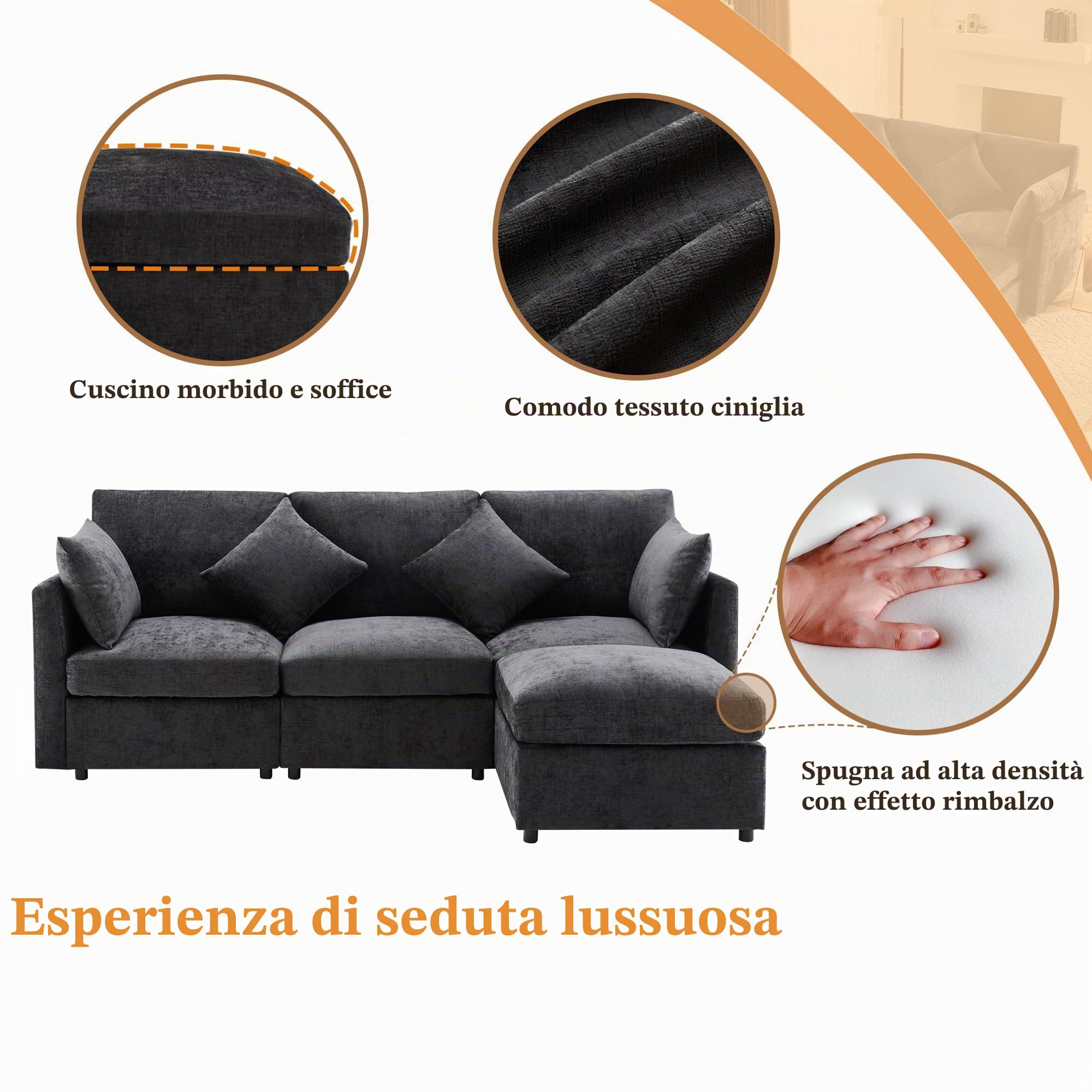 Azkoeesy Moderno divano angolare a forma di L con poggiapiedi, 3-4 posti, in ciniglia, con 4 cuscini, per soggiorno, 216 x 161 x 81 cm (grigio)