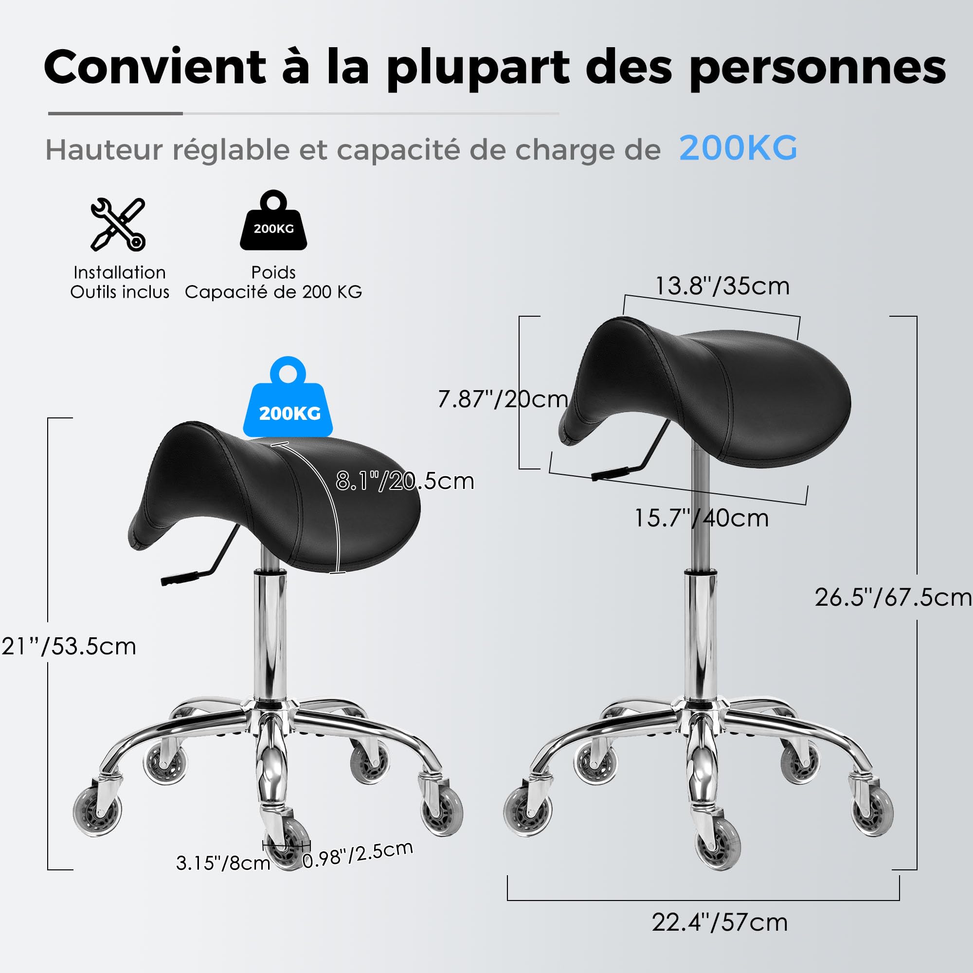 BEWISHOME Tabouret à roulettes pivotant et réglable en Cuir synthétique résistant avec Large Coussin d'assise Ergonomique pour Laboratoire,Bureau,Salons,cliniques (Noir)