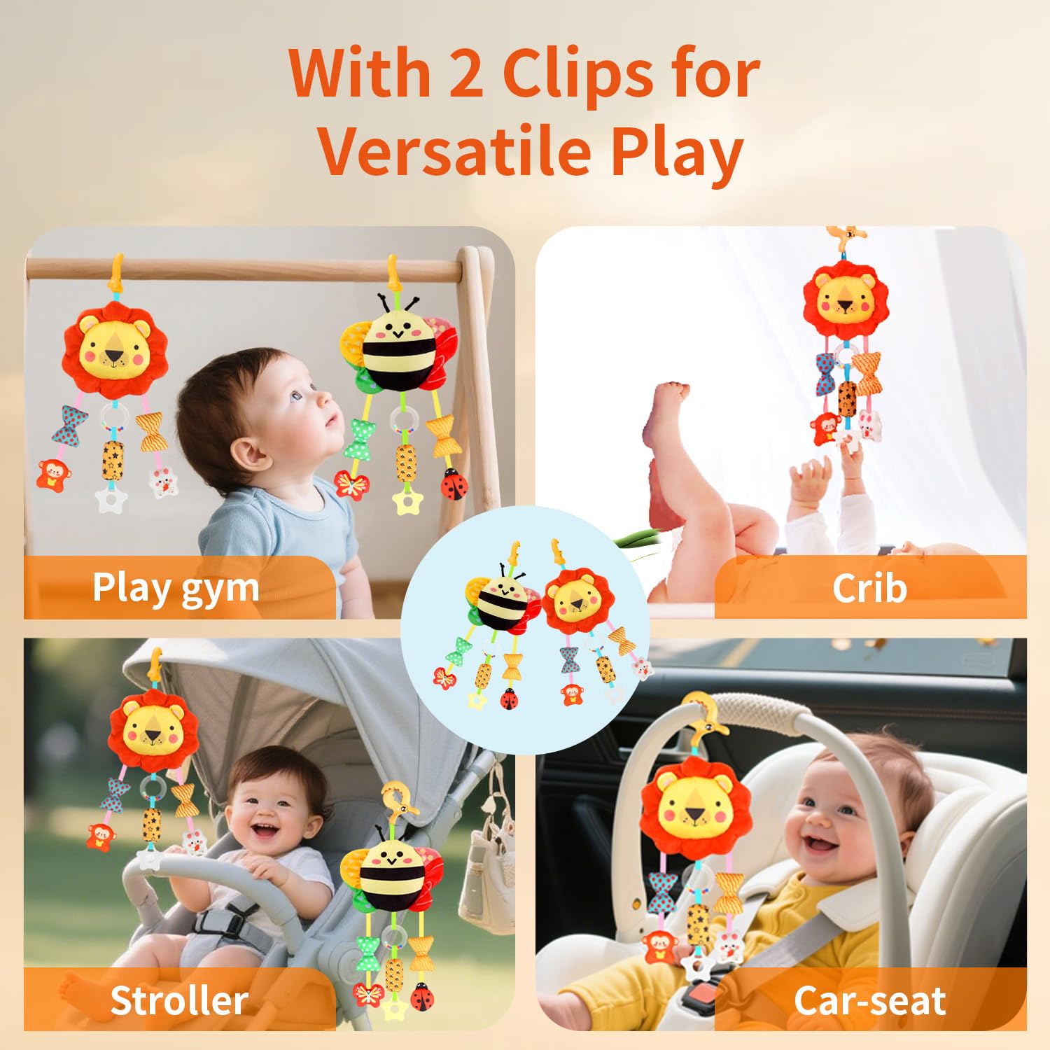 Bébé Jouets pour 0 3 6 9 12 Mois,Peluche Animal Sensoriel Suspension Hochet,Nouveau-né Interactif Jouets Doux,Siège Auto Poussette Jouets Cadeau pour Nourrisson Garçon Fille(2pcs)