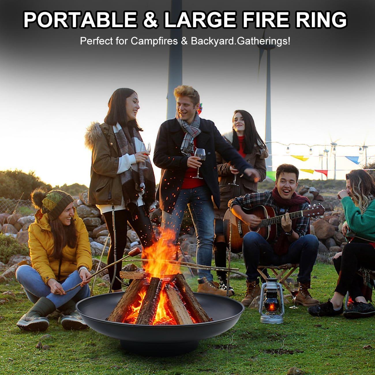 32 Inch Fire Pit for Outside Wood Burning, BBQ & Outdoor Firepit 2 in 1 for Camping Beach Bonfire Picnic Backyard Garden
