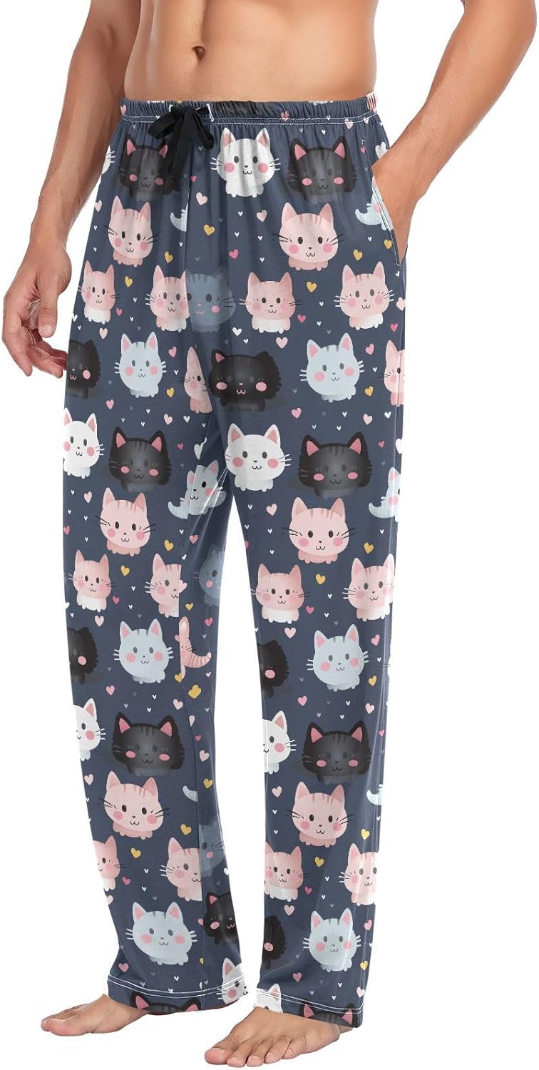 ALAZA Cat Cute Kitten Cartoon Men's Sleepwear Mens Pajama Pants Bottoms with Pockets, S
