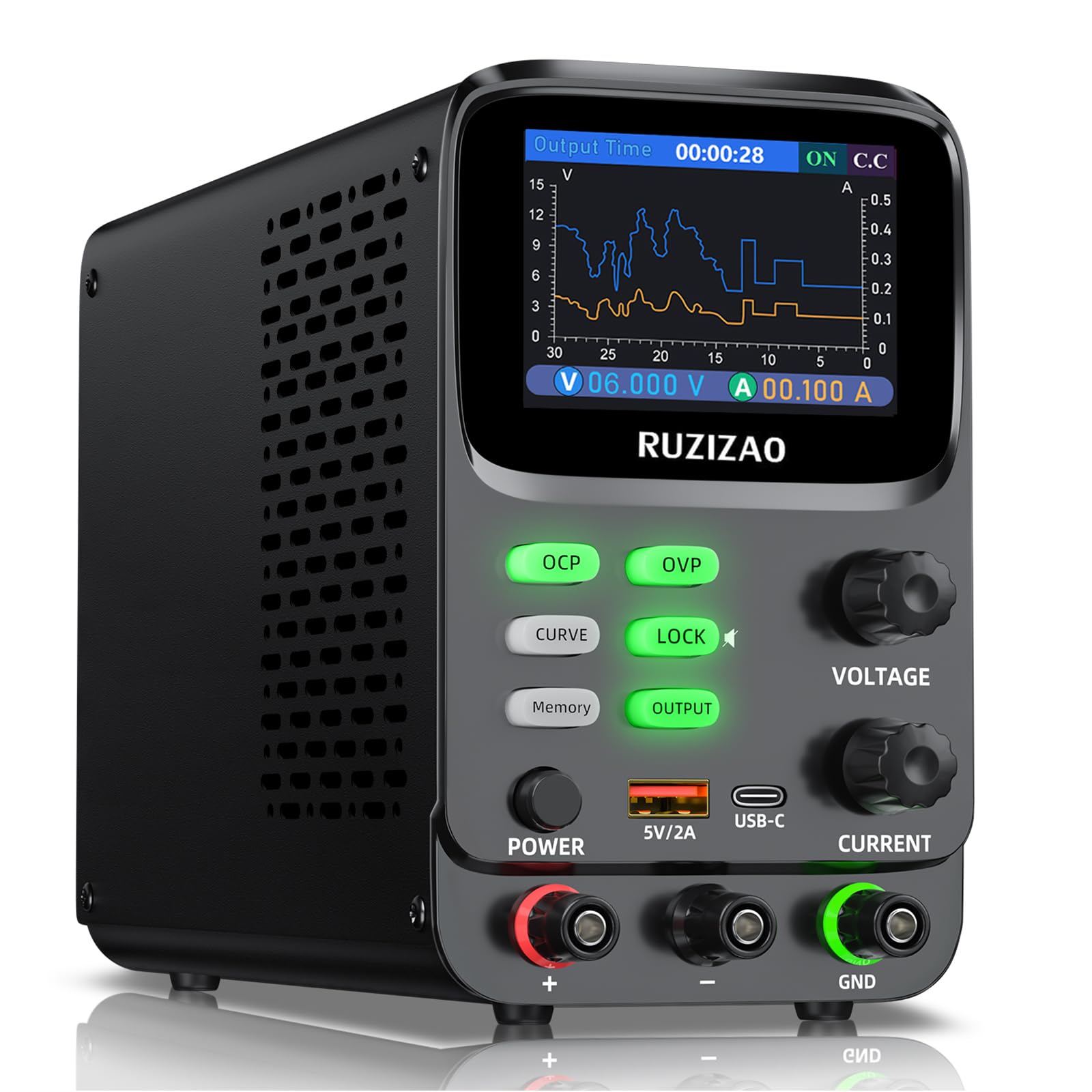 Alimentatore da Laboratorio con Display a doppia curva 30V10A, Display LCD indicazione della corrente in Milliampere, con Funzioni di Protezione da sovracorrente (OCP) e sovratensione (OVP)