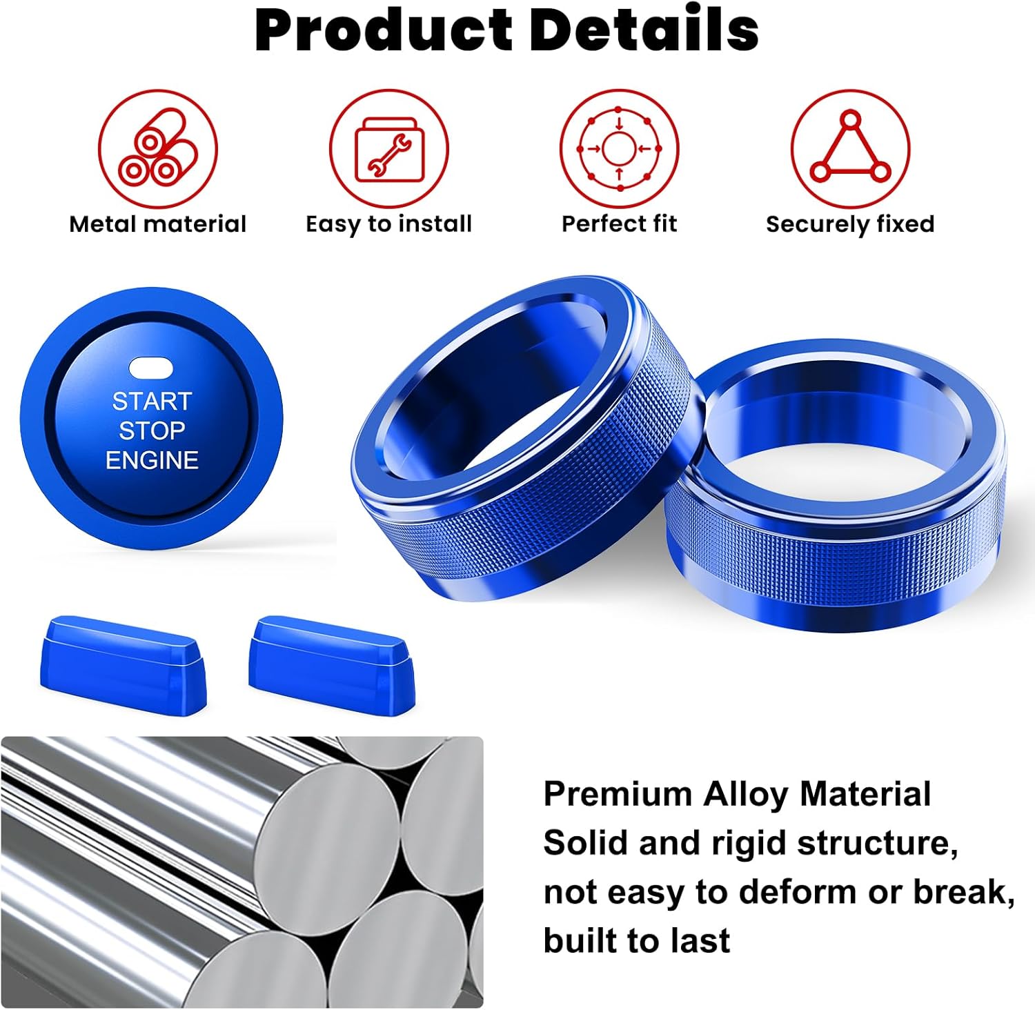 DIAMOOKY 6PCS Center Console Knob Cover for Toyota RAV4 Accessories 2025 2024 2023 2022 2021 2020 2019, Rav 4 Push Start Button Trim Ring, Air Vent Adjust Paddles Cover, Metal (Blue)