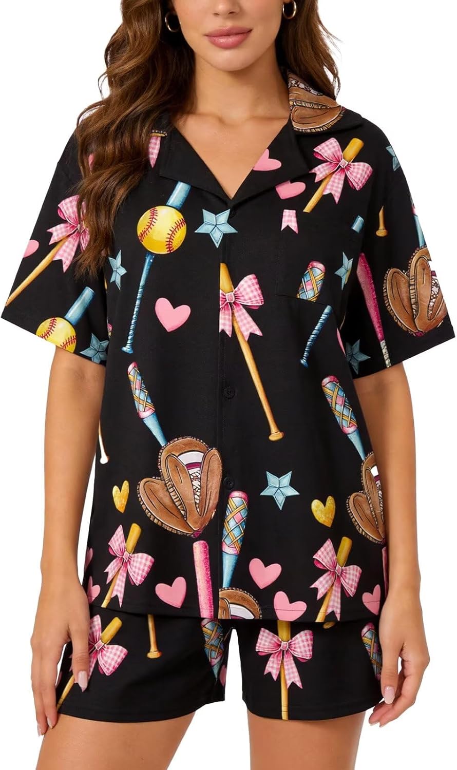Women's 2 Piece Pajama Set Button Down Short Sleeve Lapel Shirt and Shorts Cute Print Sleepwear Pjs Sets