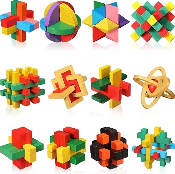 Syhood 12 Pcs Wooden Brain Teaser Puzzles 3D Logic Games for Adults