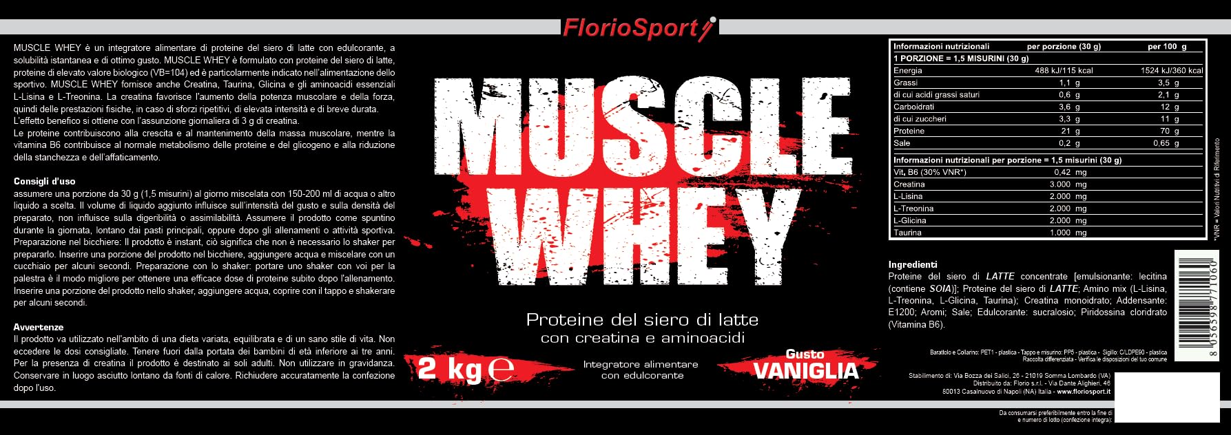 Muscle Whey FlorioSport®, 2 Kg Proteine del Siero Latte con Creatina Taurina Aminoacidi Whey Proteine Per la crescita ed il mantenimento della massa muscolare (Vaniglia)