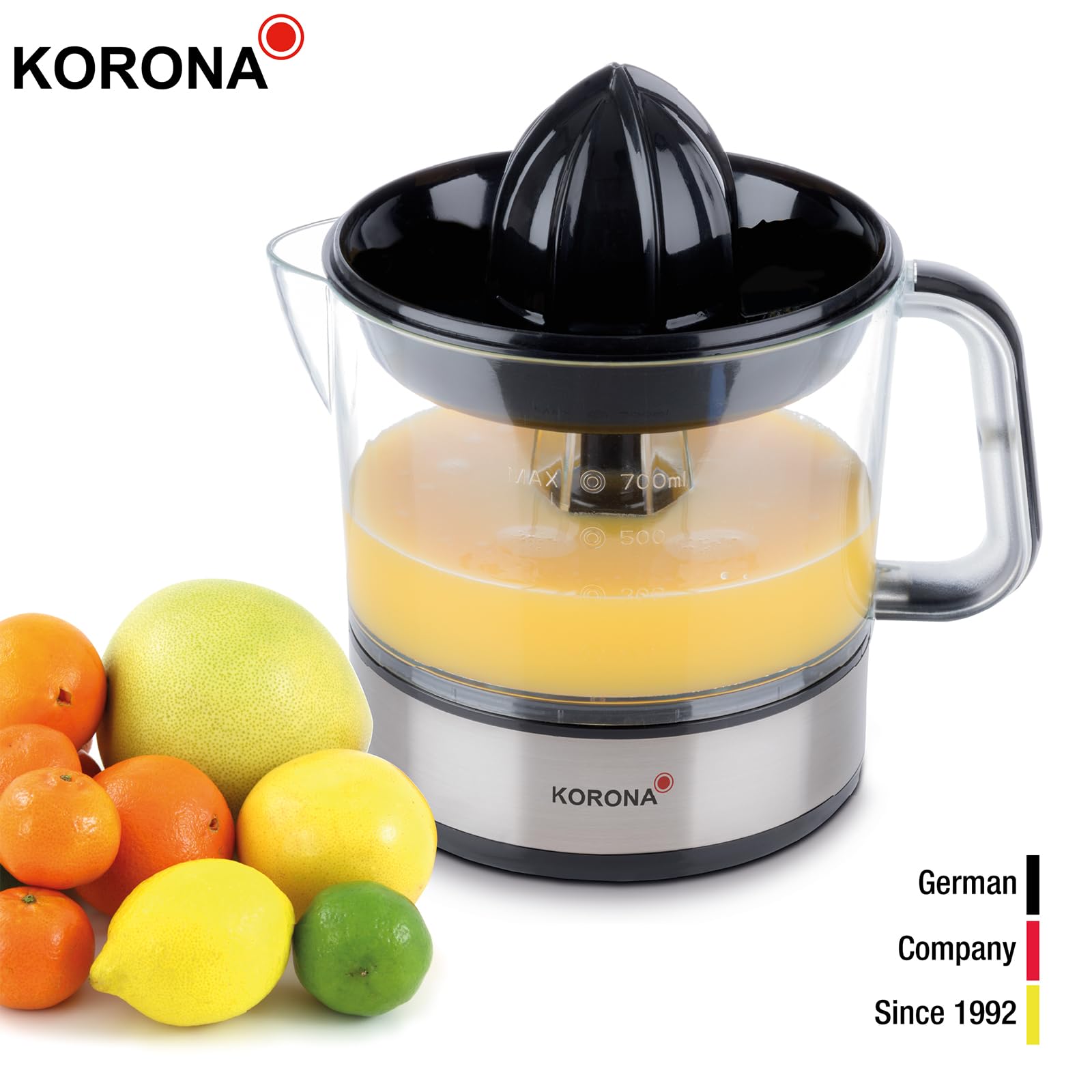 Korona 27020 citruspers, 40 watt, capaciteit 0,7 liter, 2 maten perskegels, stofkap, rechts- en linksdraaiend, roestvrij staal, zwart