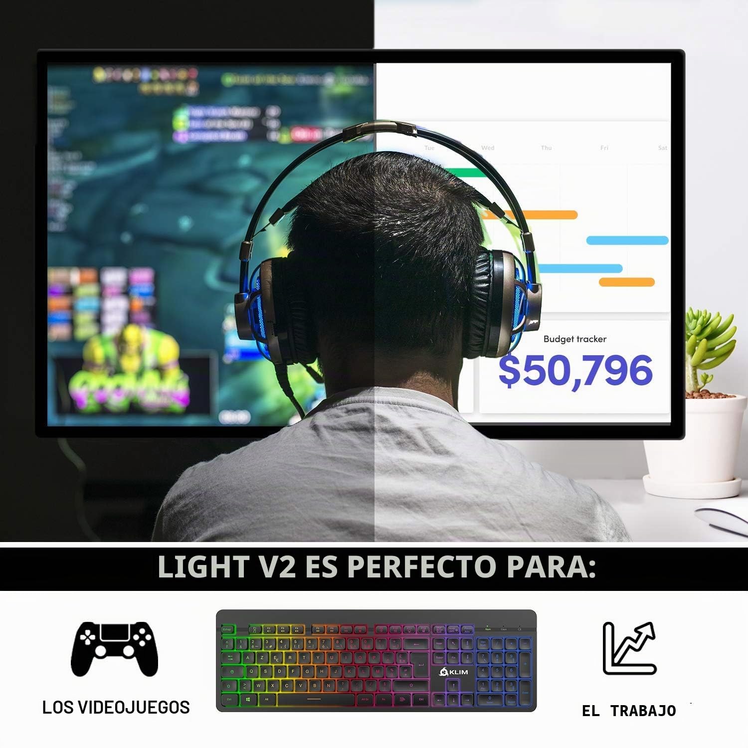 KLIM™ Light V2 Teclado Inalámbrico Gaming FR + Teclado Gaming Ligero, Duradero, Ergonómico, Silencioso + Batería de Larga duración + Teclado Gamer PC Mac PS4 Xbox One+ Nuevo Versión + Negro