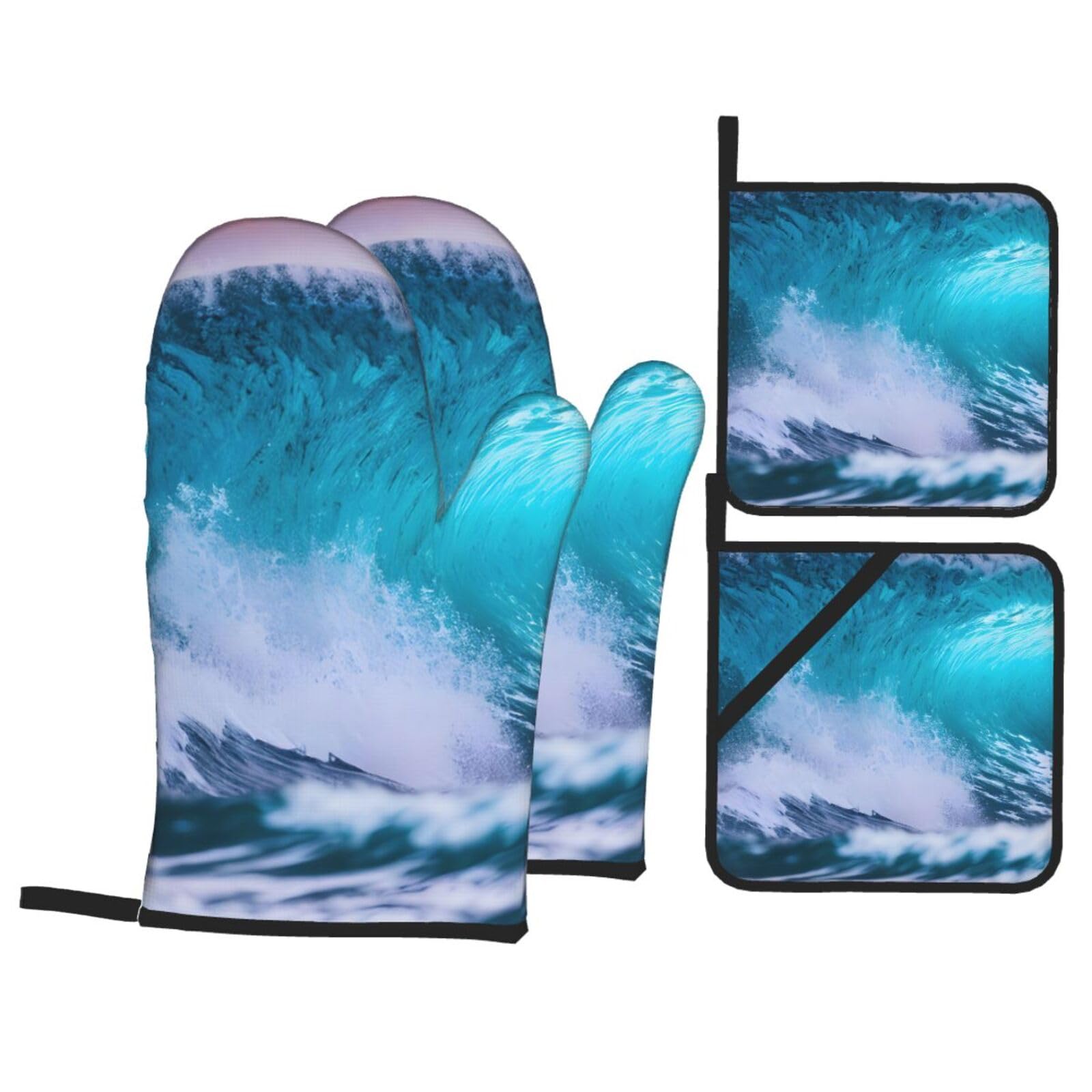 Blue Ocean Wave Print 4-Piece Heat-Resistant Oven Waterproof Kitchen Gloves Cooking Roasting Essential