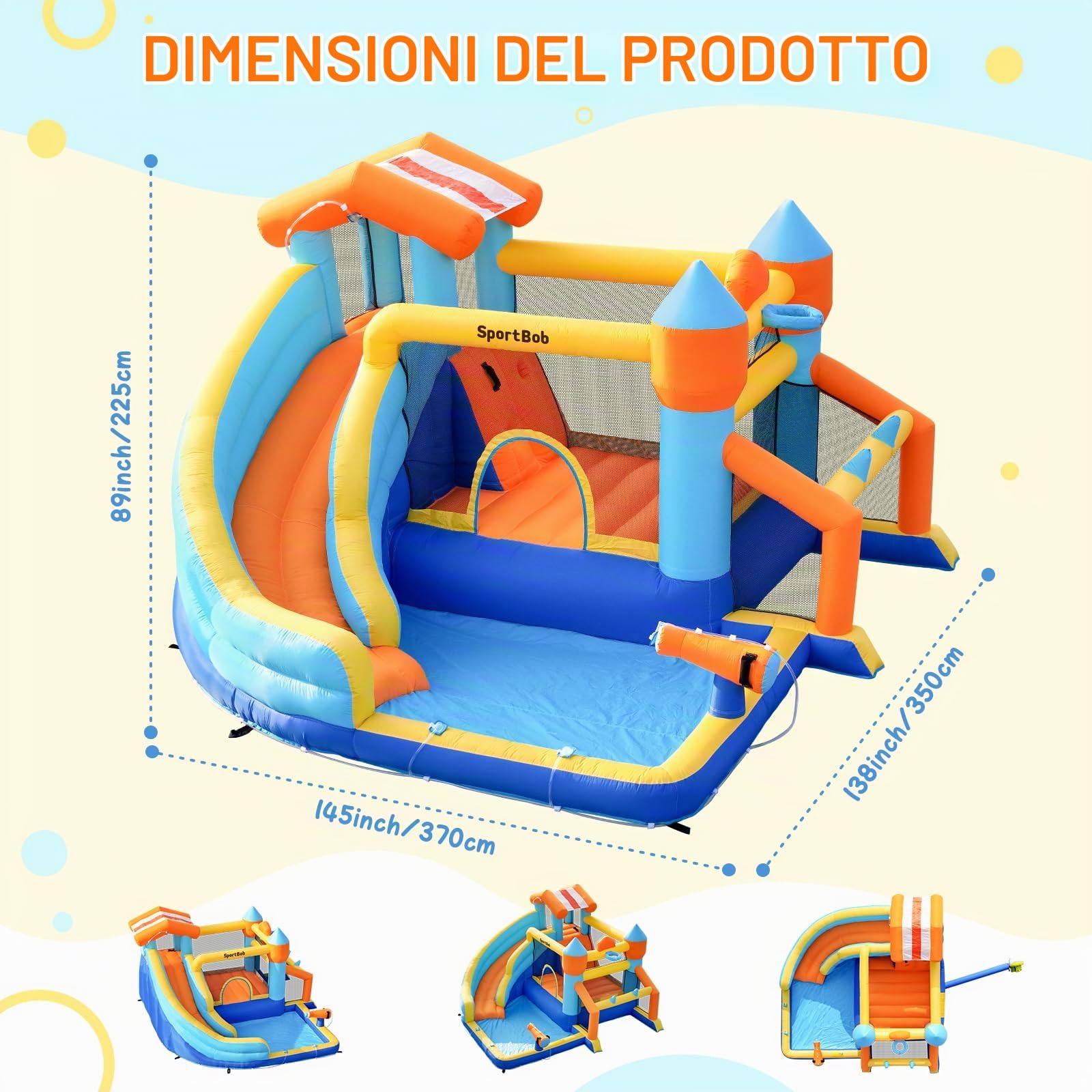 Gonfiabile per Bambini da Esterno e Interno, Castello Gonfiabile per Bambini con Scivolo Gonfiabile, Porta da Calcio, Cannone Acqua, Canestro Basket, Gioco degli Anelli per Giardino