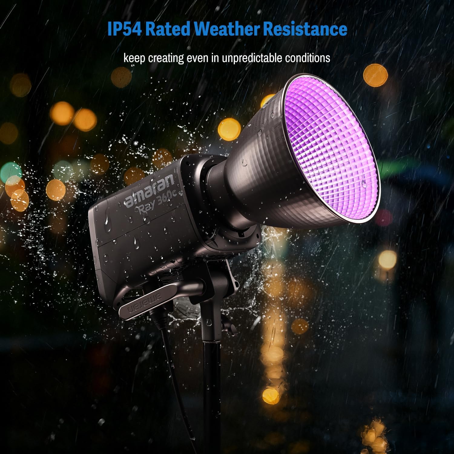 Amaran Ray 360c operating in light rain, demonstrating IP54 weather resistance