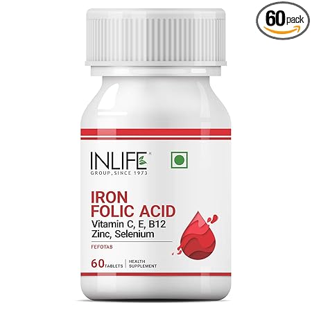 INLIFE Chelated Iron Folic Acid Supplement with Vitamin C, E, B12, Zinc & Selenium for Men Women - 60 Tablets