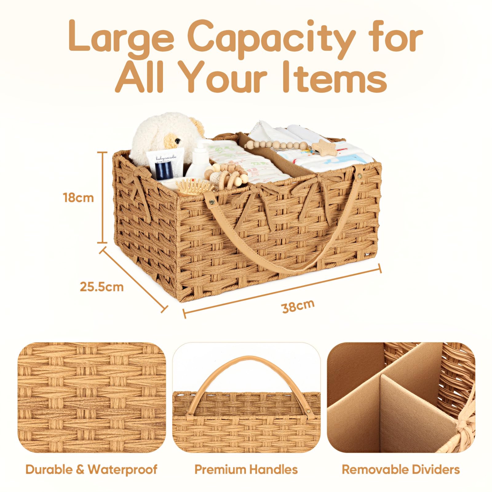 Organiseur de table à langer - Panier de rangement tressé en rotin synthétique - Organiseur de luxe tissé à la main pour fournitures de bébé - Cadeau de naissance indispensable (Naturel, XL)