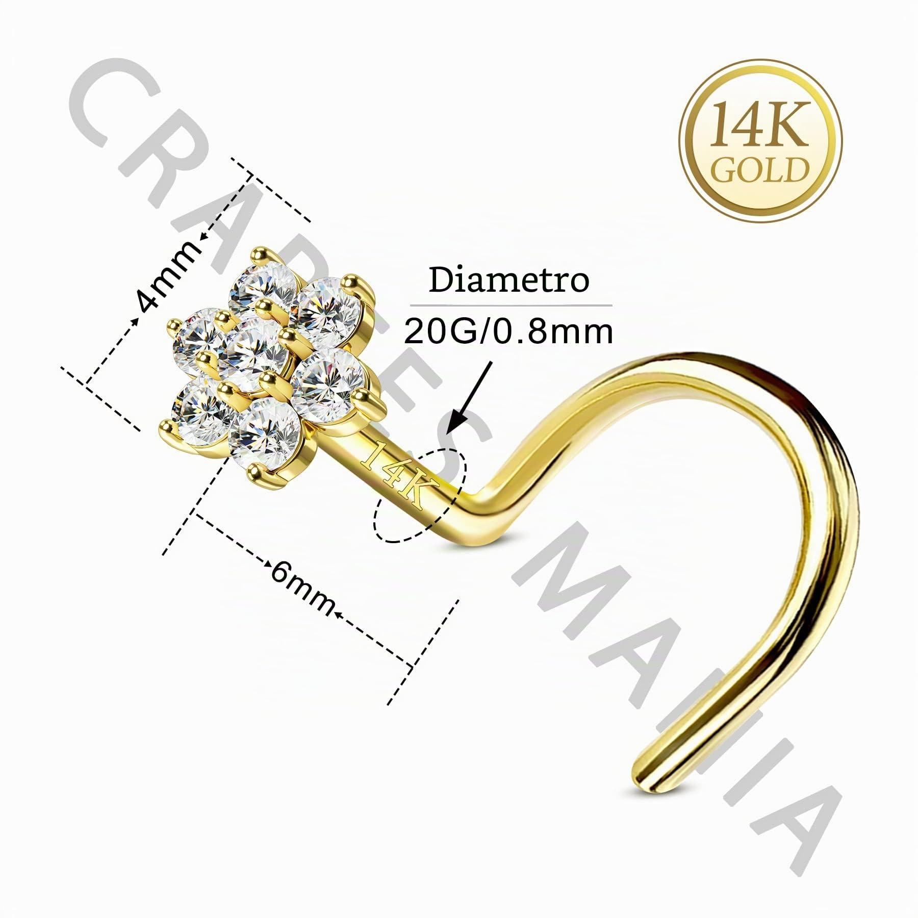 CM Crareesi Mania 14K Solid Yellow Gold Nose Stud 20 Gauge Nose Screw Nose Ring Flower CZ Stone Prong Set 4mm Diamond L Shaped Nostril Nose Piercing Jewellery Real Yellow Gold for Women Men