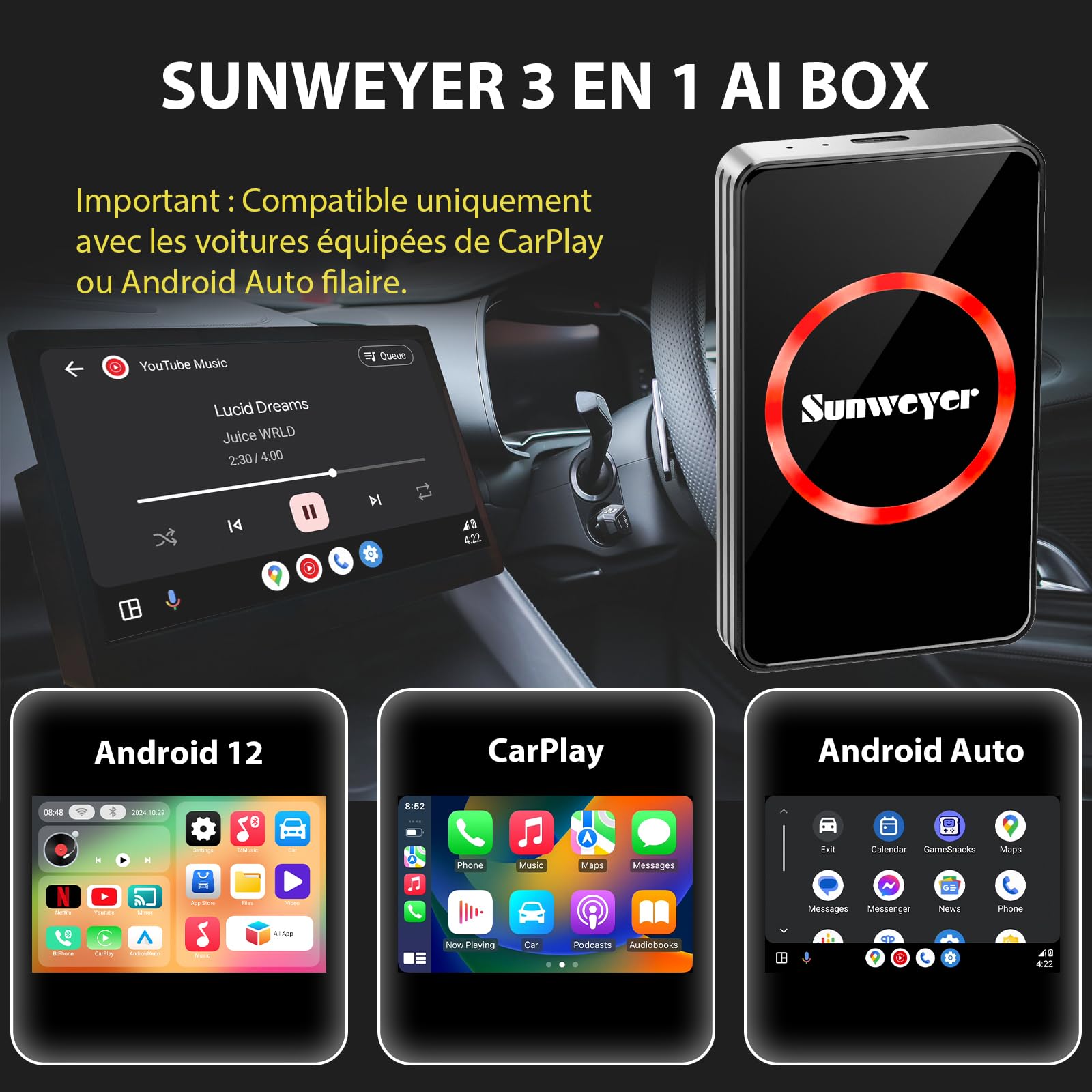 Sunweyer Adaptateur sans Fil CarPlay 2025 Android Auto Streaming Box SW12 avec Netflix, Youtube, Hulu, Installation de l'application – AI Box, Dual WiFi, HDMI, lumière d'ambiance LED (SW12 Pro)