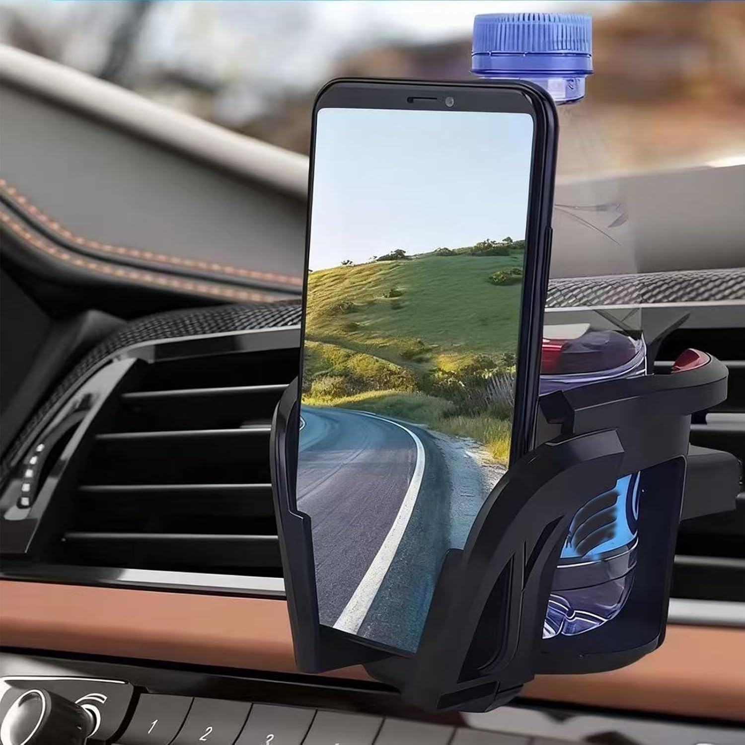 2-in-1 Car Air Vent Cup Holder and Cell Phone Mount, Anti-Spill Drink Slot & Fixed Angle Phone Clip, Universal Vehicle Organizer for Hands-Free Navigation