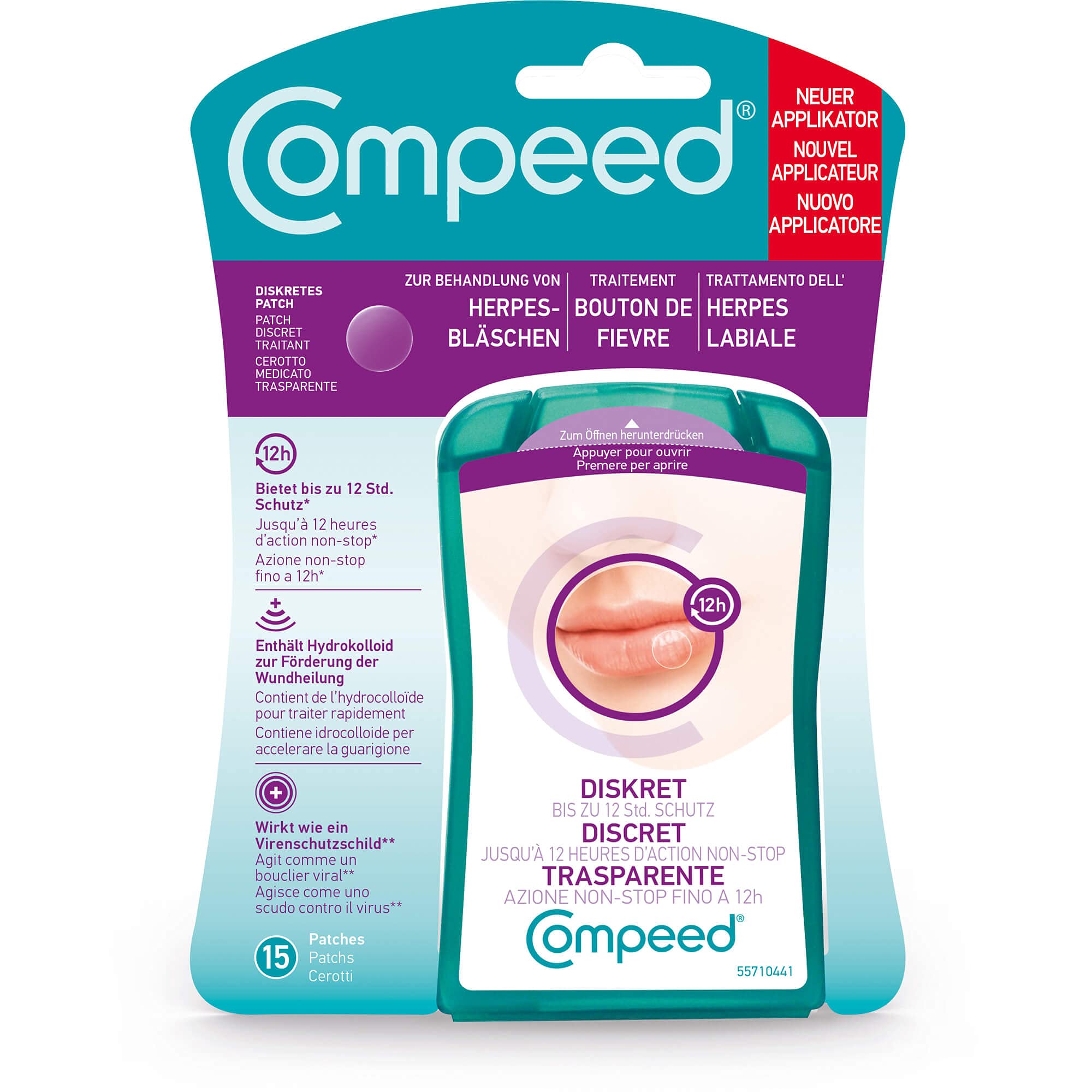Compeed Herpesbläschen Patch - mit Applikator – für beschleunigte Wundenheilung – gegen Herpes im Gesicht, 15 Patches
