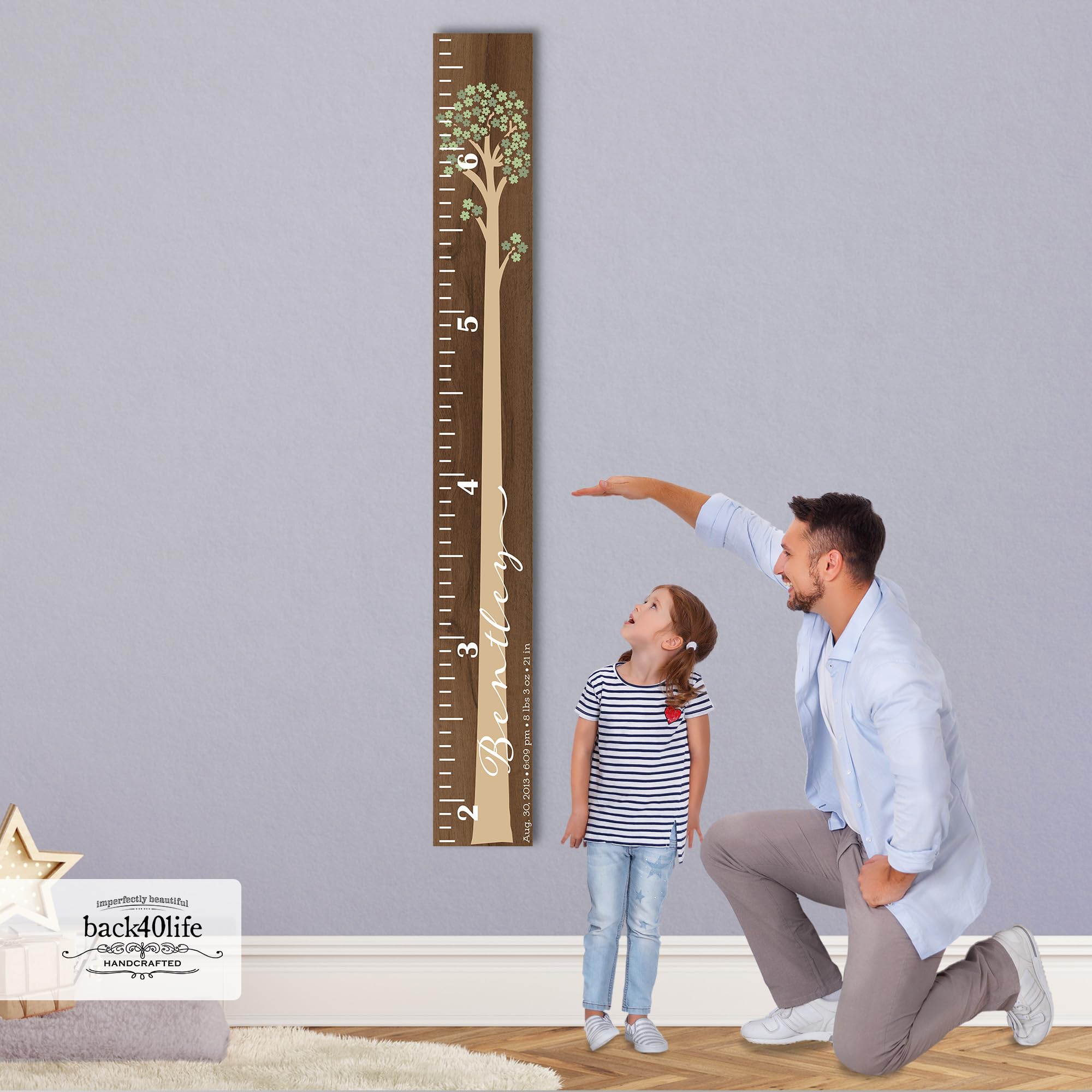 Wooden Kids Growth Height Chart Ruler for Boys and Girls Painted or Engraved (Floral Tree)