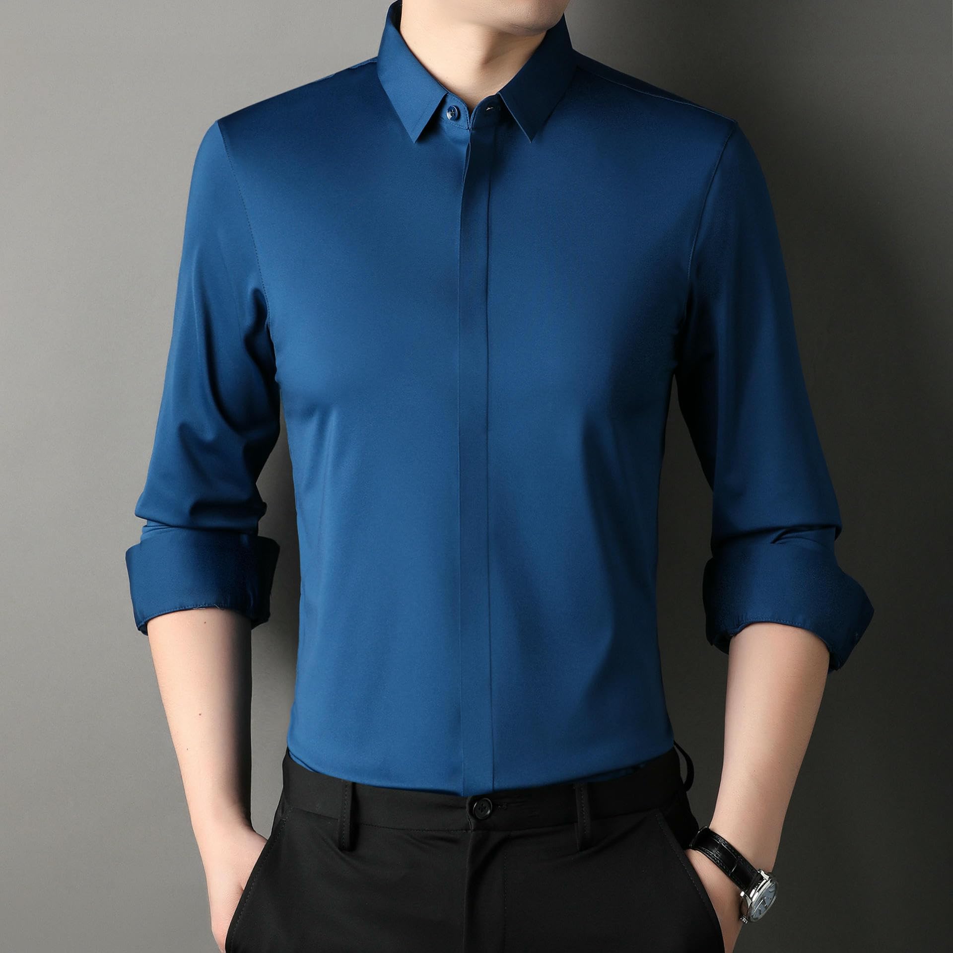 Camicia a maniche lunghe da uomo, tinta unita, slim fit, abbottonatura nascosta, senza pieghe, casual, traspirante, con bottoni