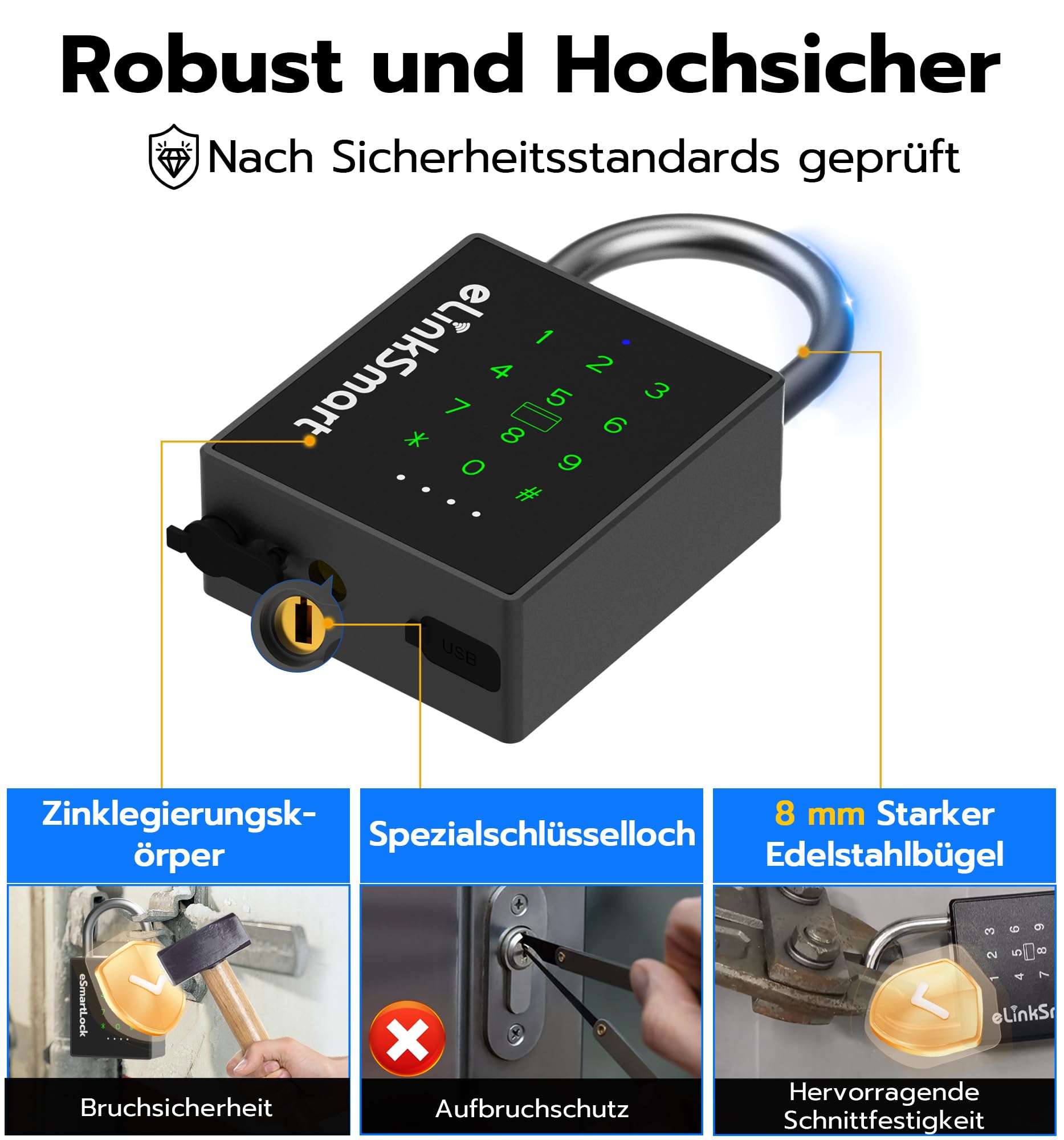 Smart Zahlenschloss Vorhängeschloss, Wetterfestes Vorhängeschloss Groß mit Schlüssel, Bluetooth Schloss mit Zahlencode RFID, IP68 Elektrisch Intelligentes Lock für Tür Garten Spind Keller