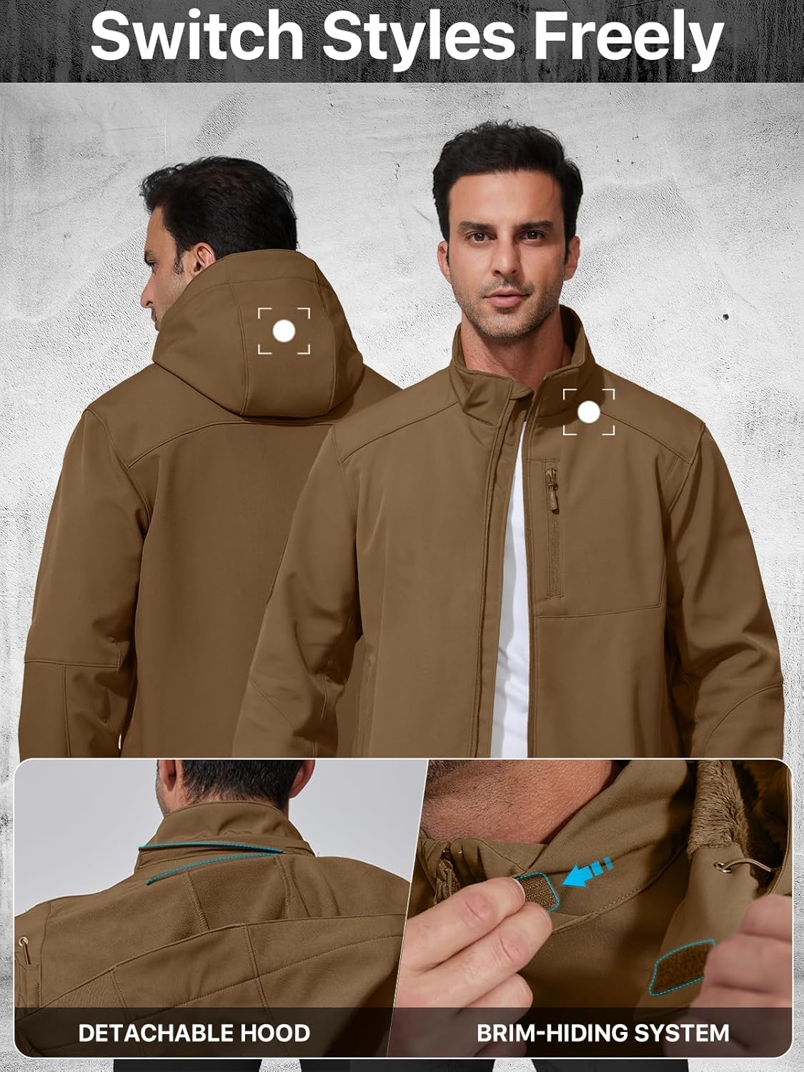 FREE SOLDIER Men's Lightweight Softshell Jacket Winter Fleece Lined Hooded Rain Waterproof Hiking Outdoor Jackets (Brown,L) - Image 4