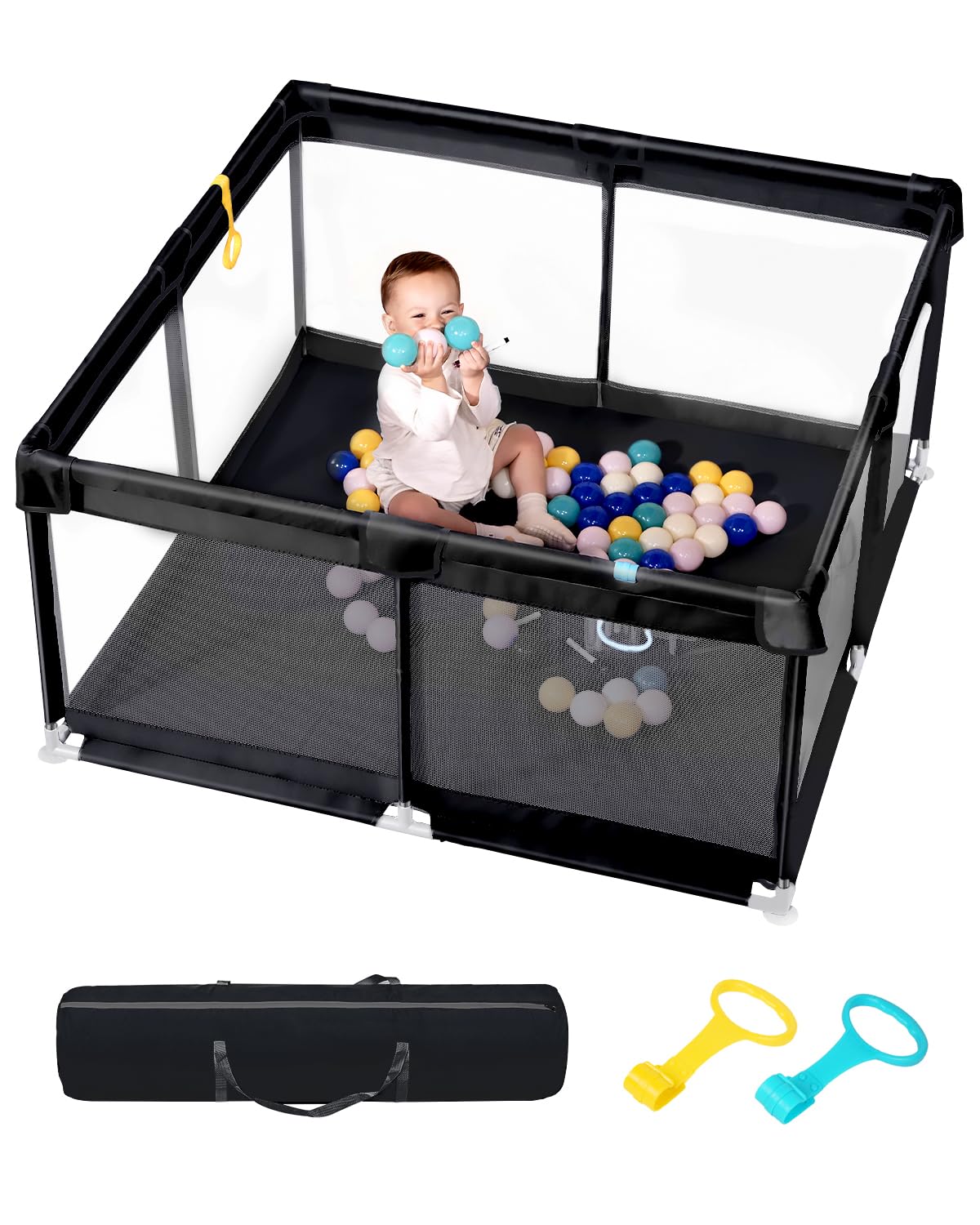 derimkcoa Laufstall Baby,Laufgitter Baby,Kinderzaun mit Atmungsaktivem Netz,Tragbarer Laufstall für Drinnen und Draußen(130x130x66cm,Schwarz)