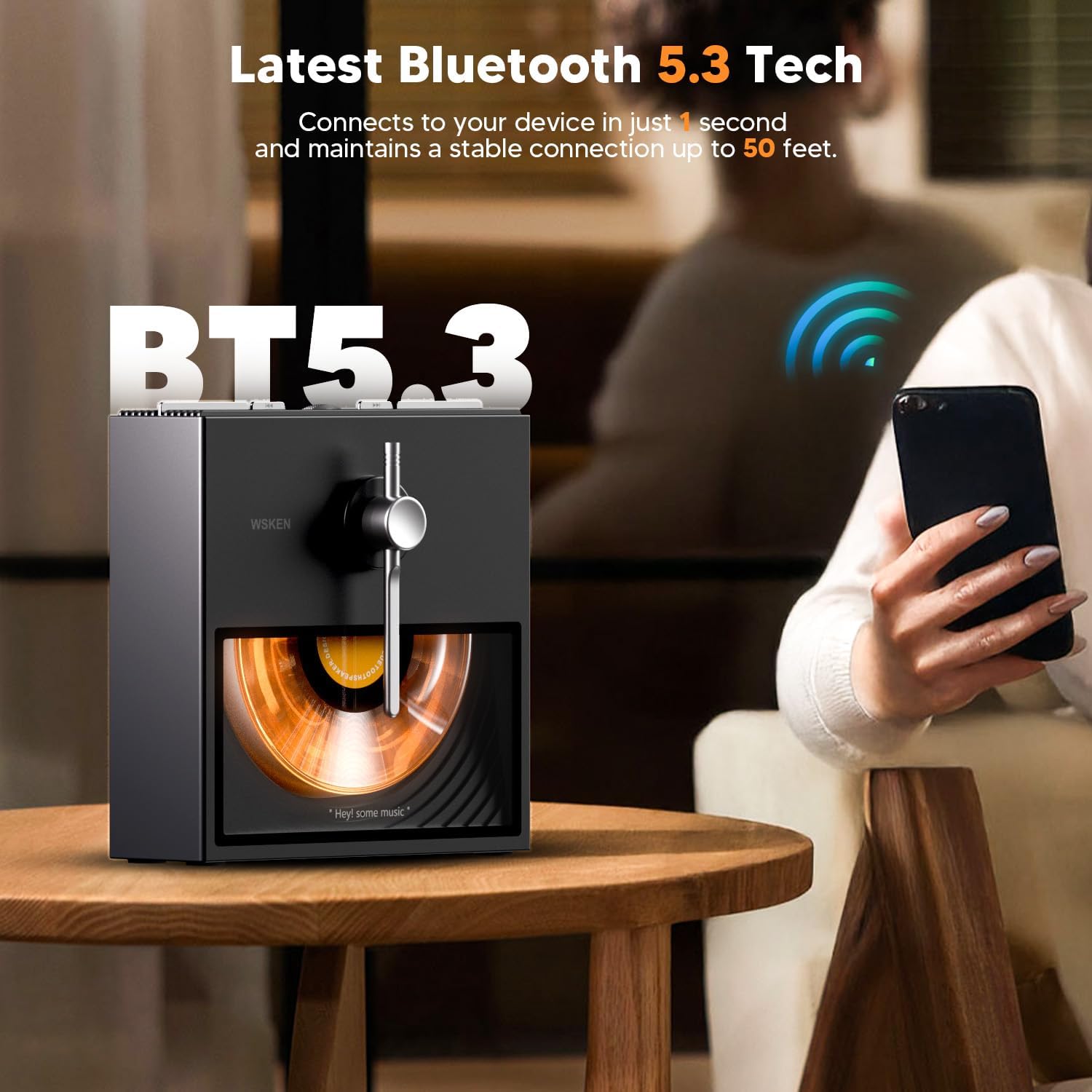 WSKEN Retro Bluetooth Speaker YE03 on a table, with a smartphone displaying Bluetooth 5.3 connection, showing wireless connectivity.